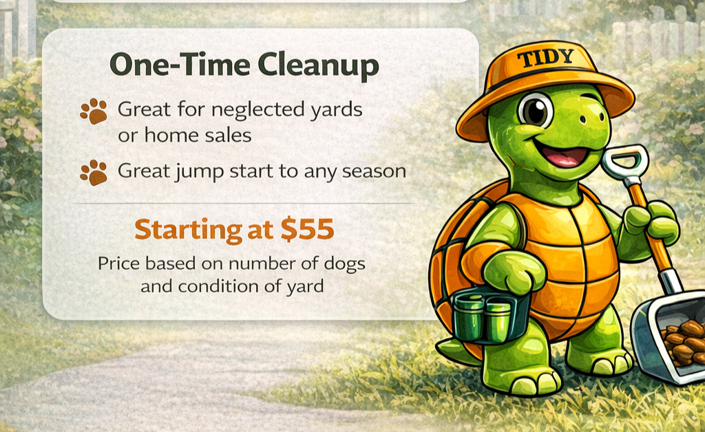 A cartoon turtle One-time dog poop cleanup service. pet waste removal