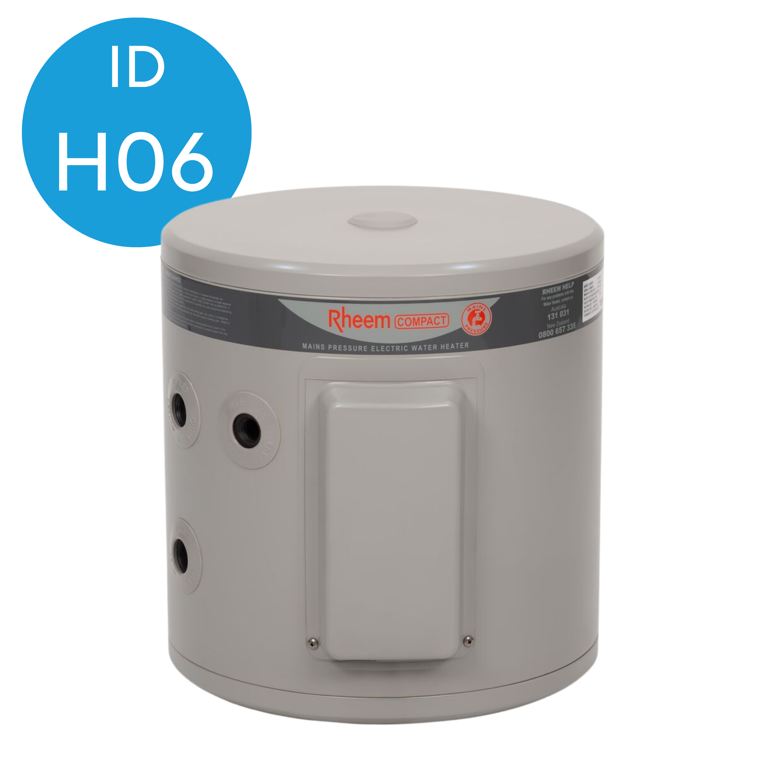 Image of Rheem compact electric water heater with a blue circle displaying 'ID H06'.