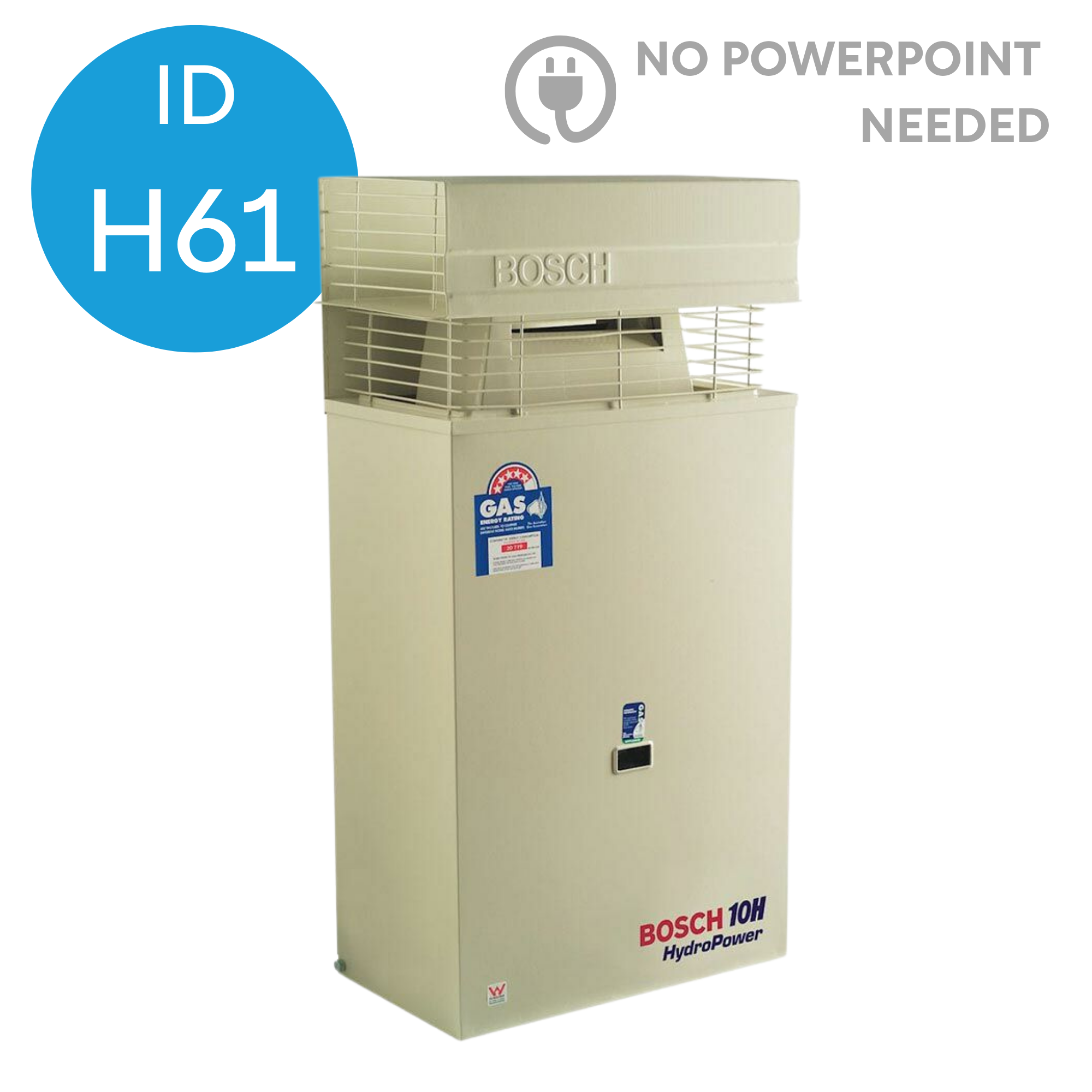 A Bosch HydroPower fuel cell battery box with a label indicating it is for gas energy supply, featuring text like 'Bosch 10H HydroPower' and an EPA sticker.