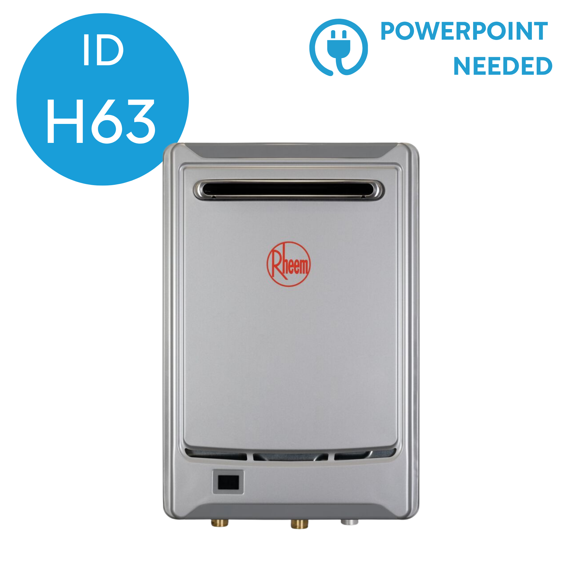 Front view of a Rheem tankless water heater with a digital display, multiple pipes, and a silver metallic exterior.