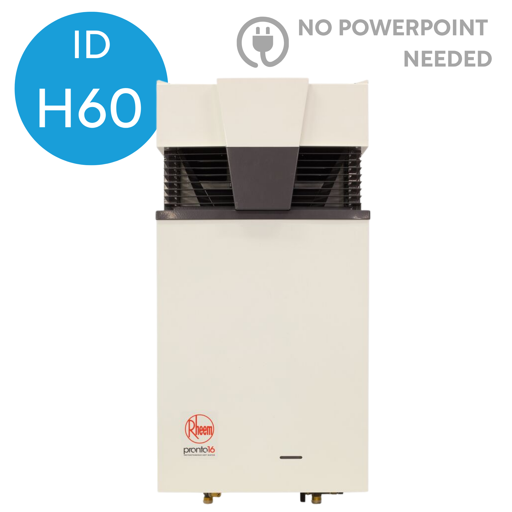 An electric heater with branding from Rheem, model pronto16, positioned on a floor. The heater has a black vented section at the bottom and a beige body with a Rheem logo at the lower part.