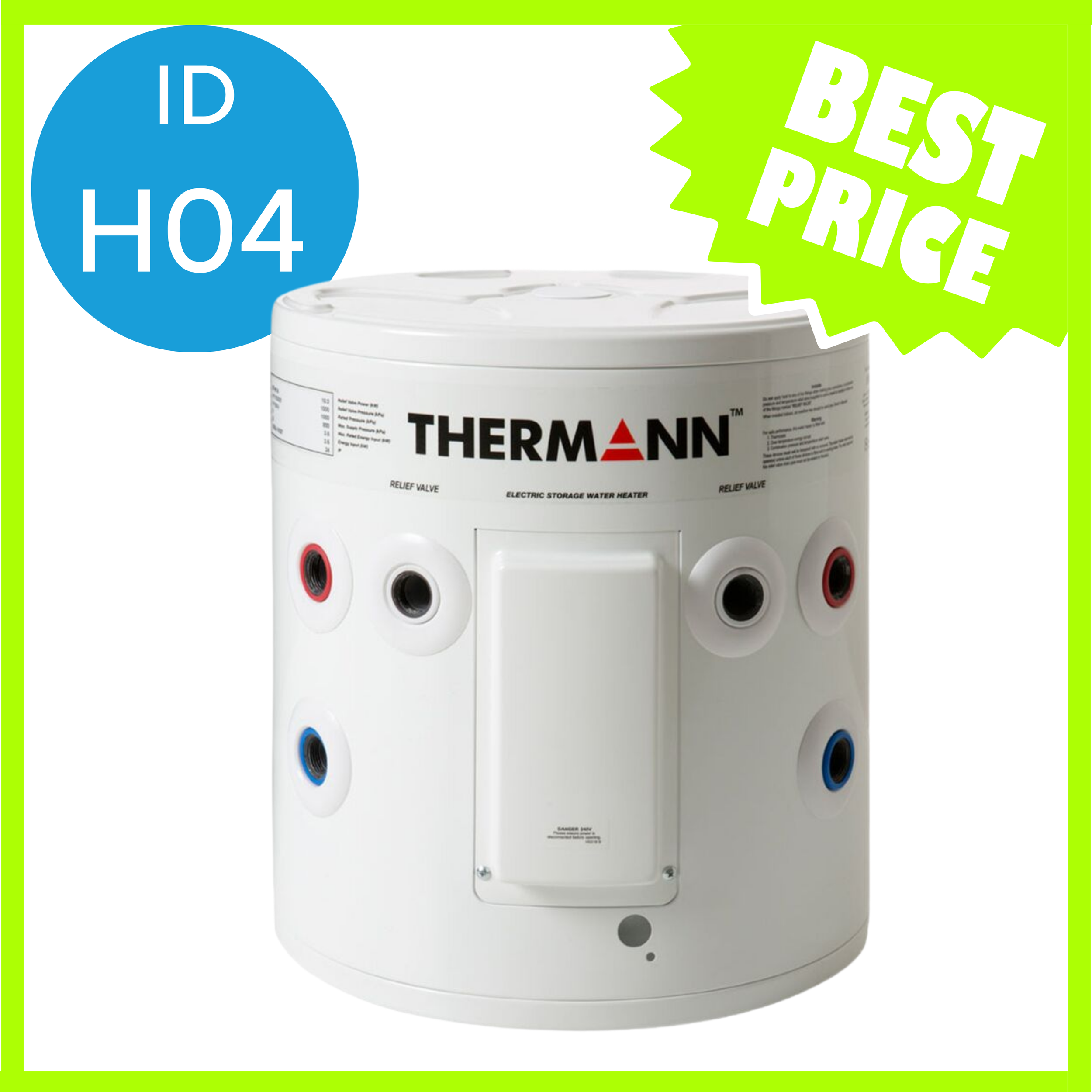 Electric water heater with a white exterior and multiple black, red, and blue connection ports on the front. The heater has a digital control panel and relief valve.