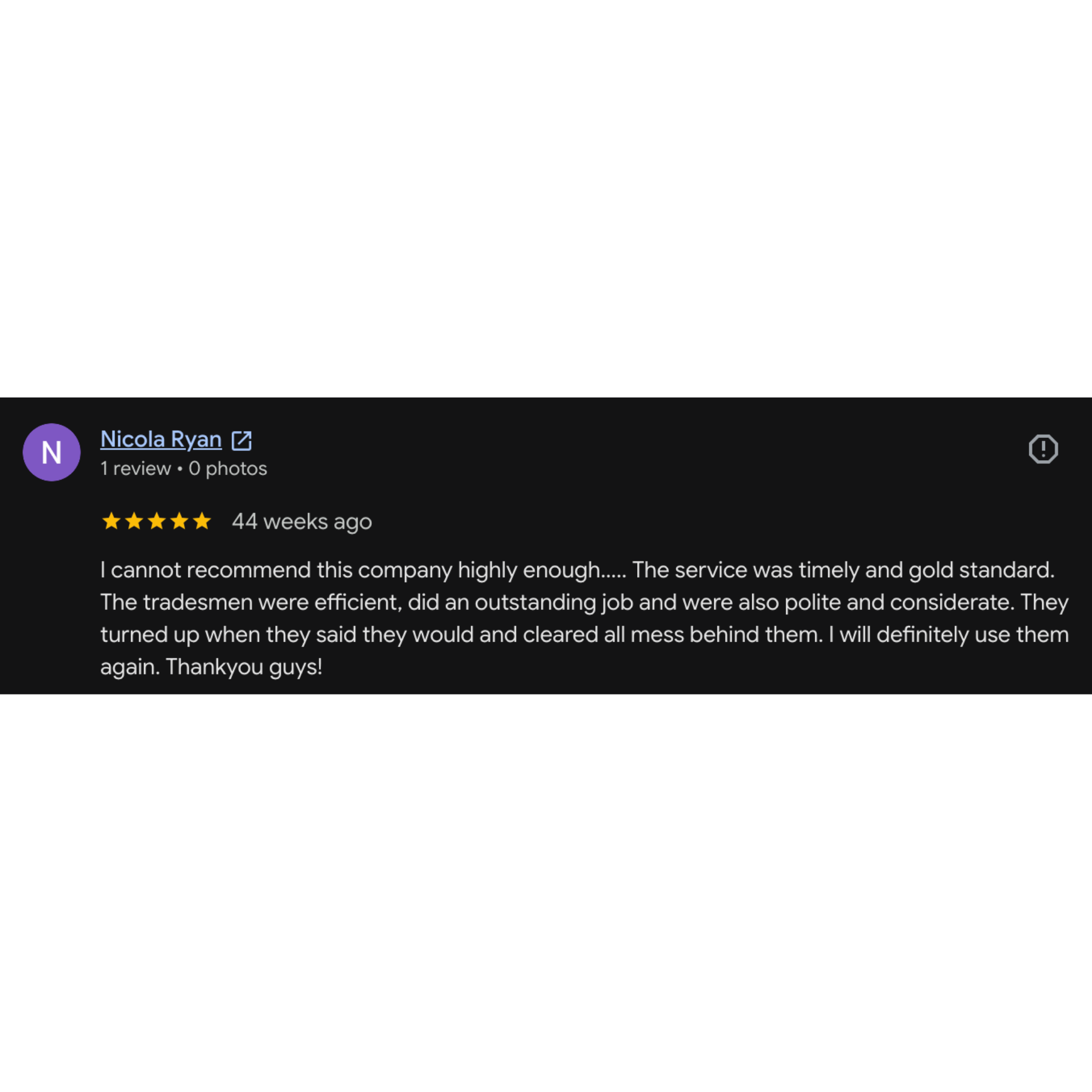 Screenshot of a Google review for a company, with one review praising the company's timely service, efficiency, politeness, and professionalism, leaving a five-star rating.