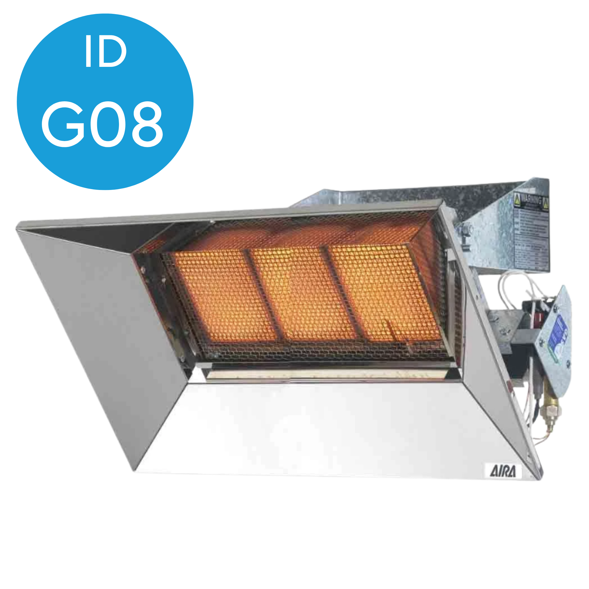 An electric outdoor heater with an orange heating element protected by a metal grill, mounted on a stand with a white label reading 'AIRA'.