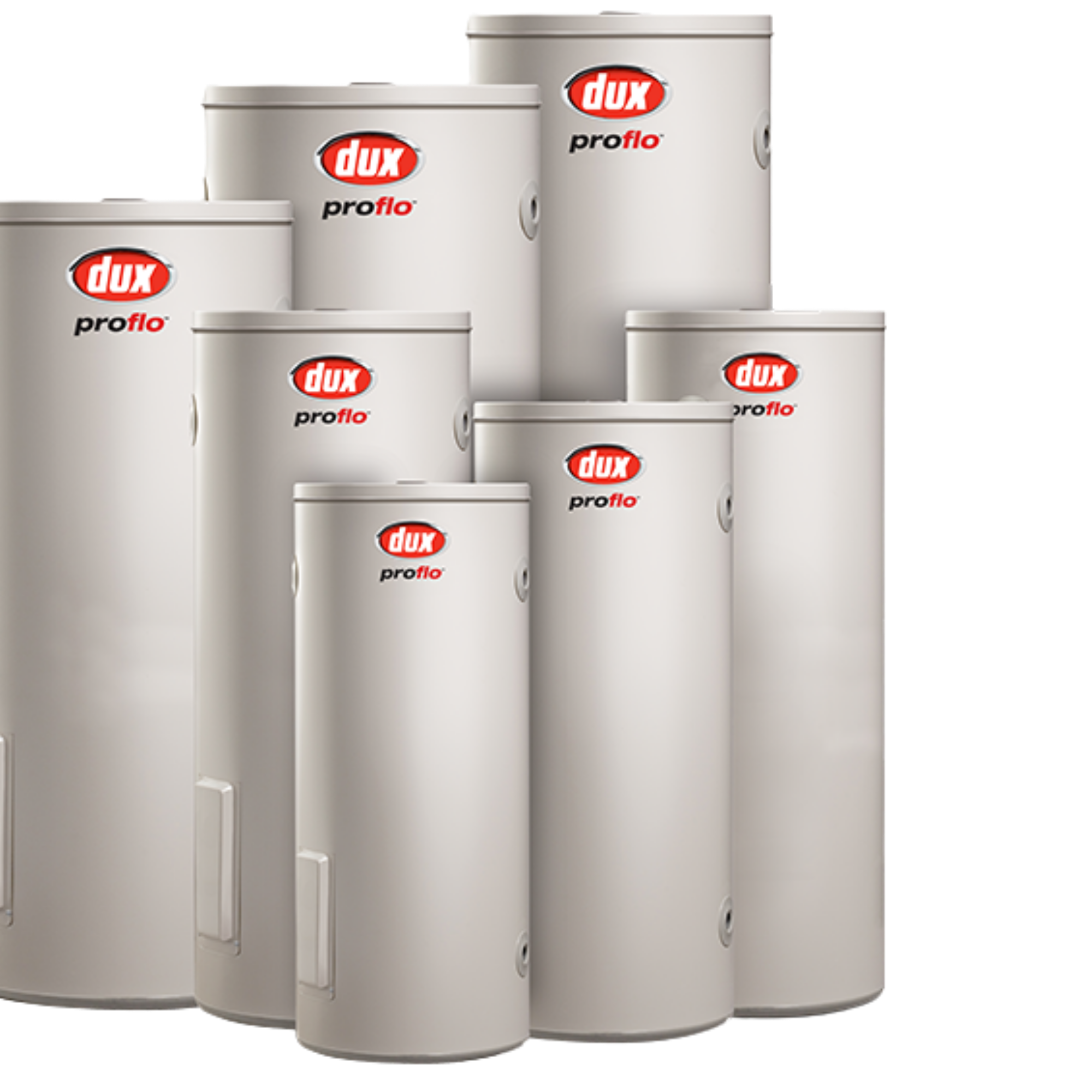Multiple white paint cans with the red 'dux' logo and 'proflo' label stacked on a gray background.