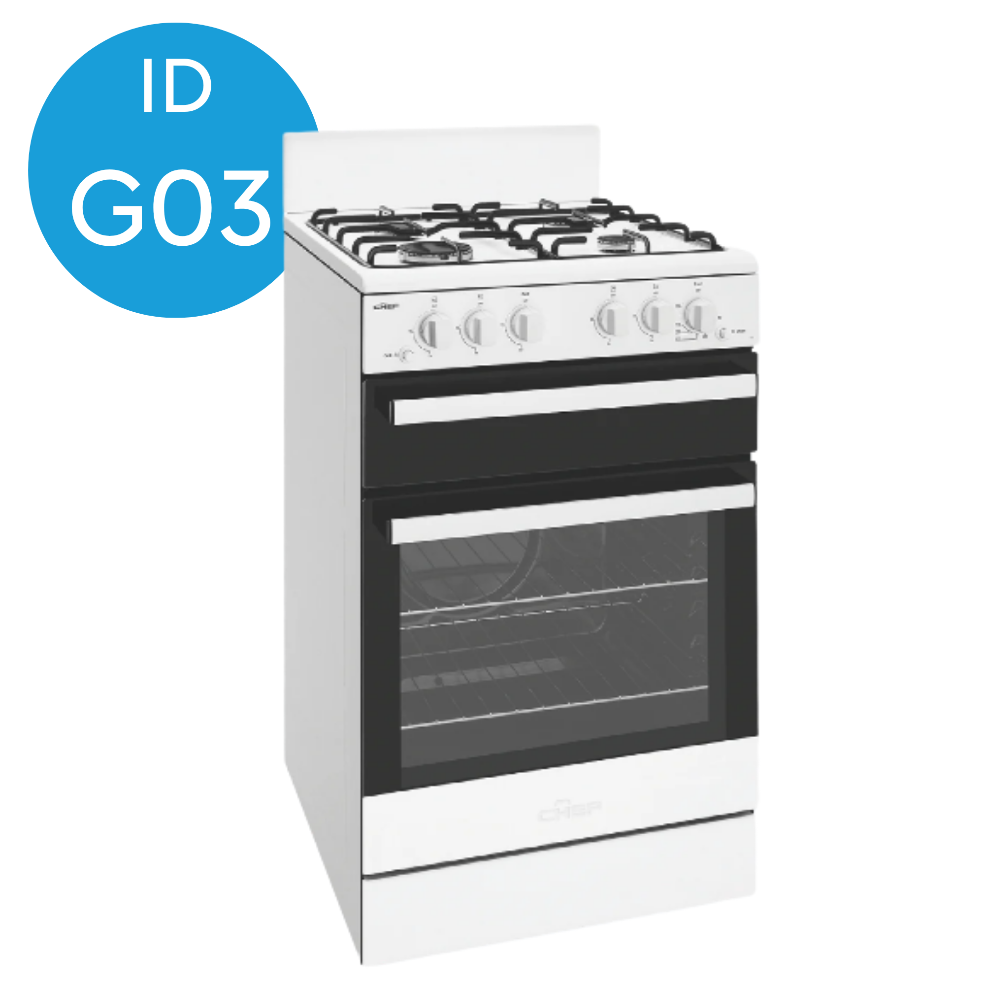 White gas stove with four burners and black grates, oven below, on a white background.