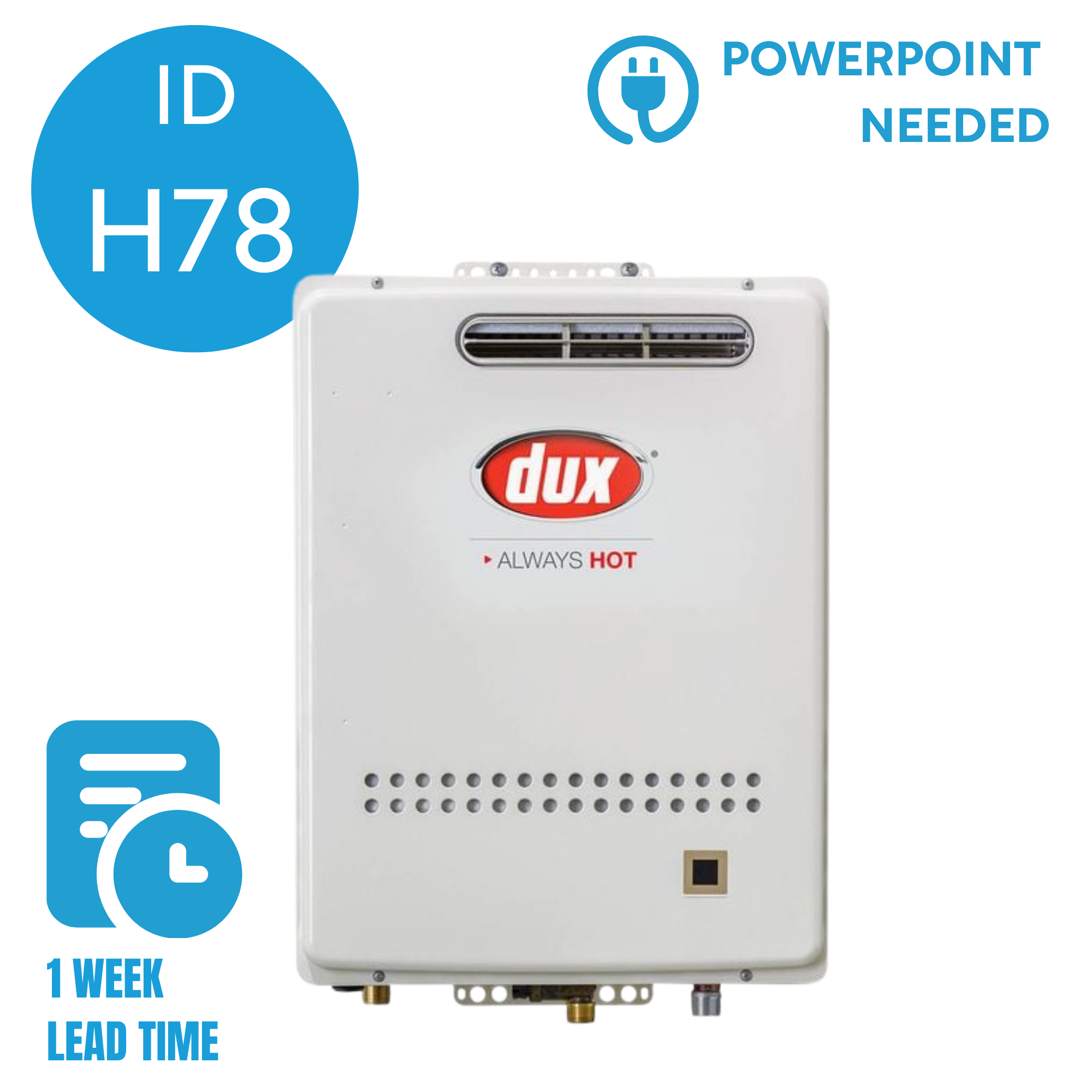 Installation diagram of a tankless water heater labeled with lead times of one week, two weeks, and three weeks, with icons indicating power needed and an ID of H78.