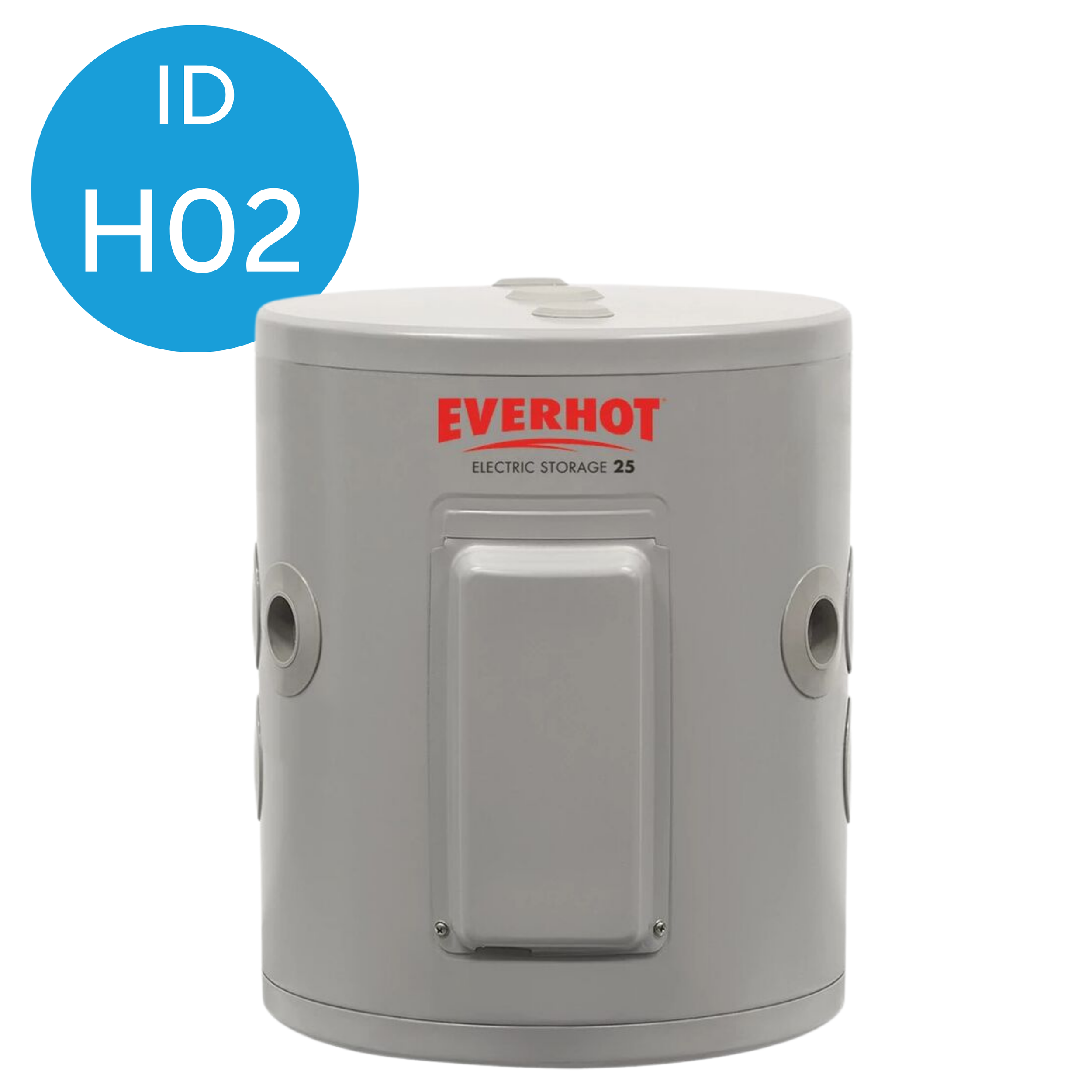 Close-up of an Everhot electric storage stove with a white exterior and three control knobs on top, positioned vertically. A blue circle with white text 'ID H2O' appears in the upper left corner.