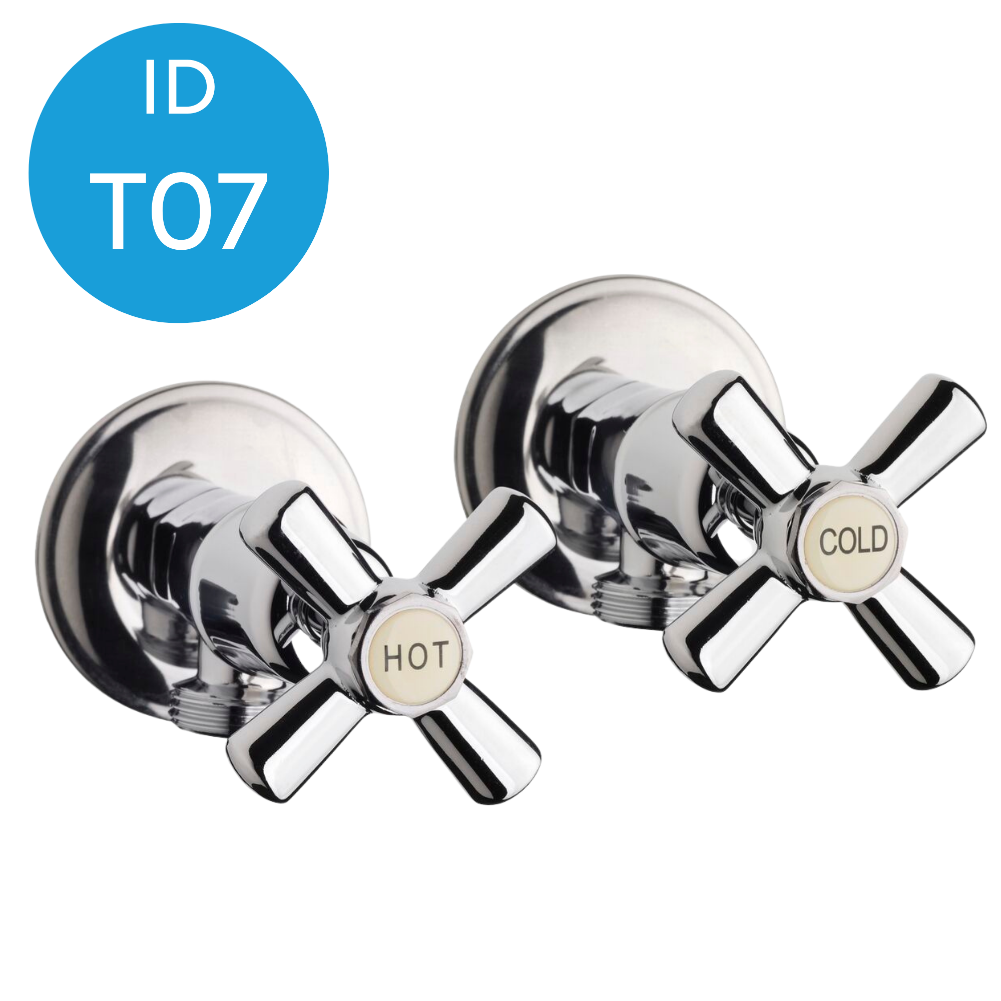 Collection of chrome faucet handles with labels for hot, cold, and an unmarked handle, arranged in a line.