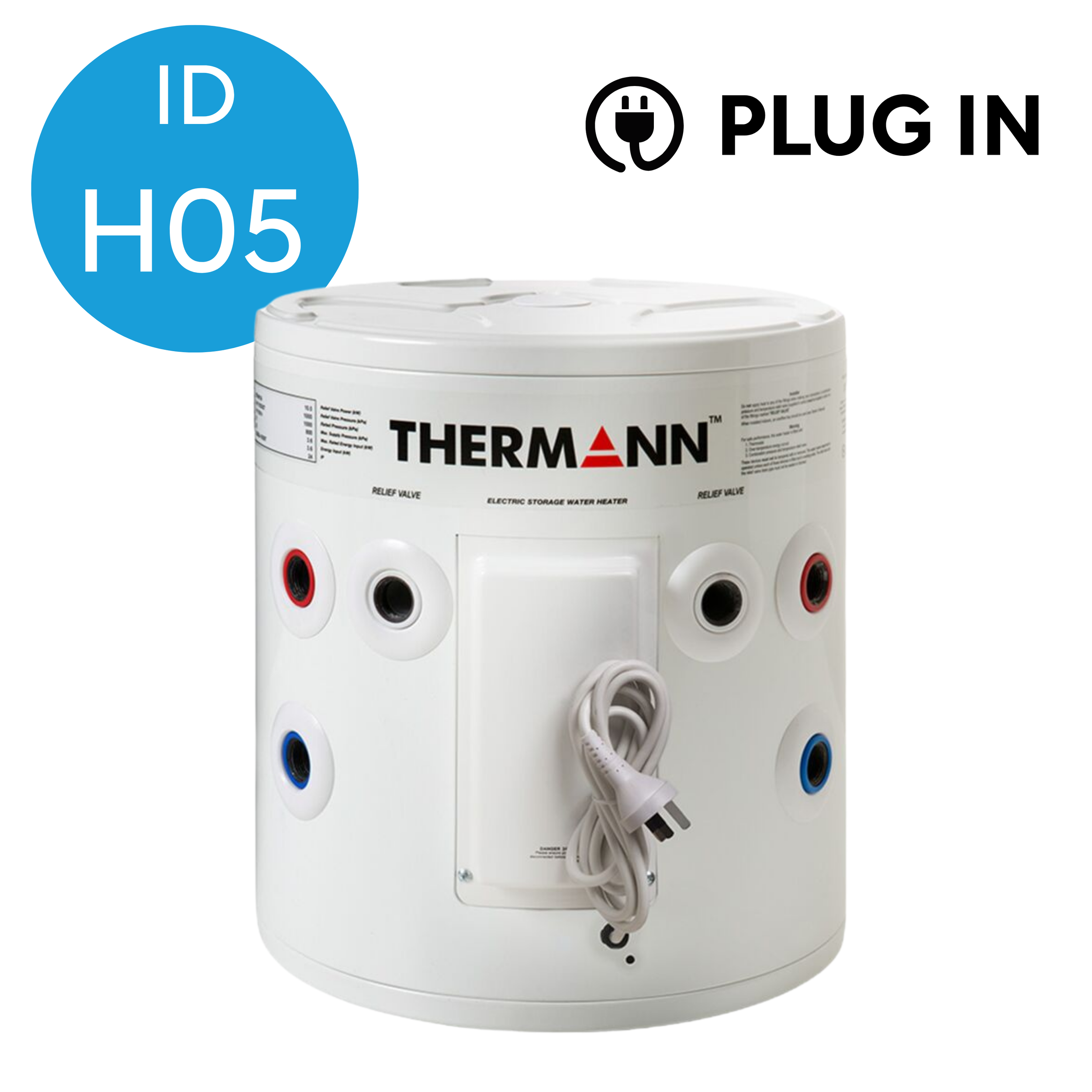 Electric storage water heater with a white exterior, multiple connection ports, and a power cord, labeled as Thermann.