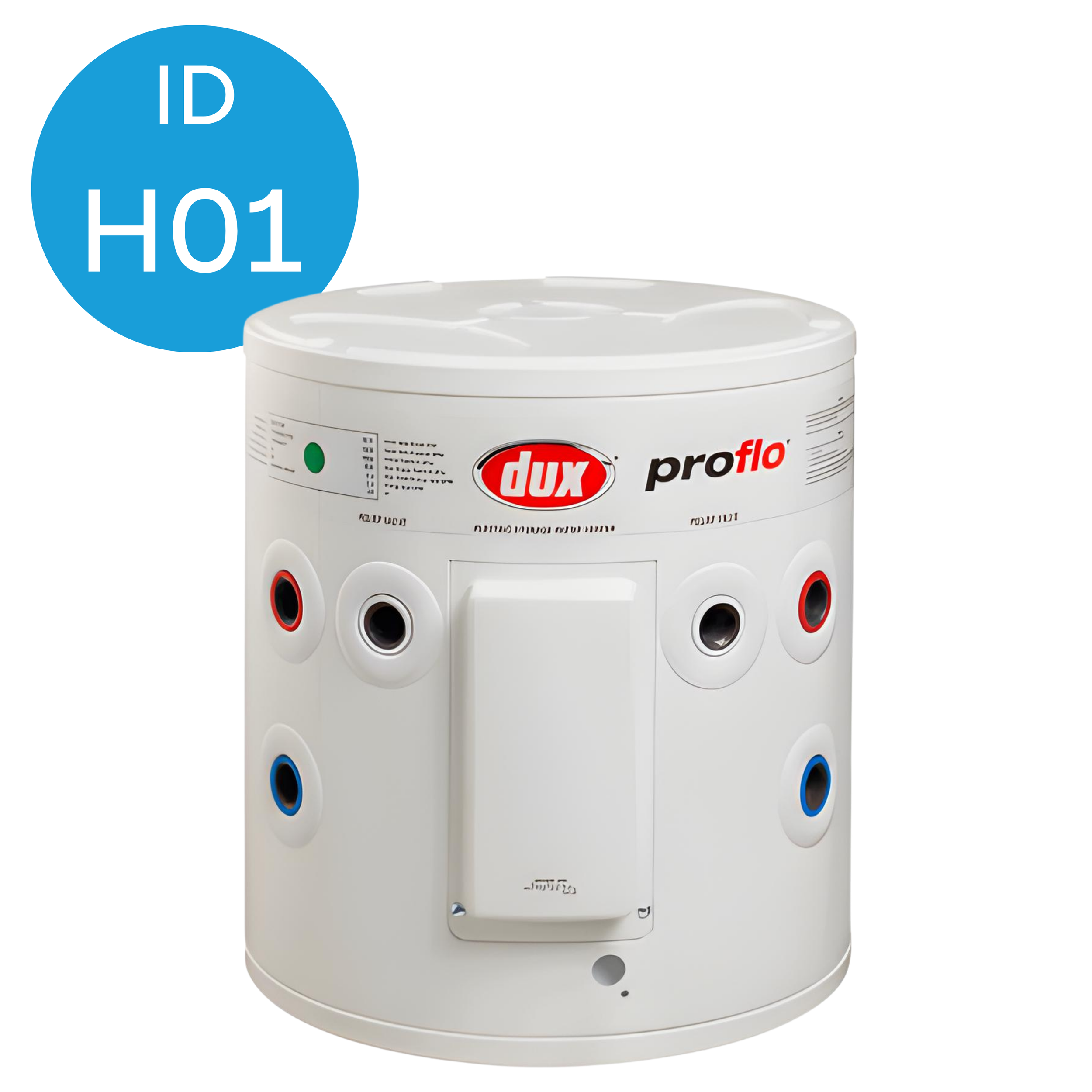 A white Dux ProFlo water softener with a round top and multiple connection ports on the sides.