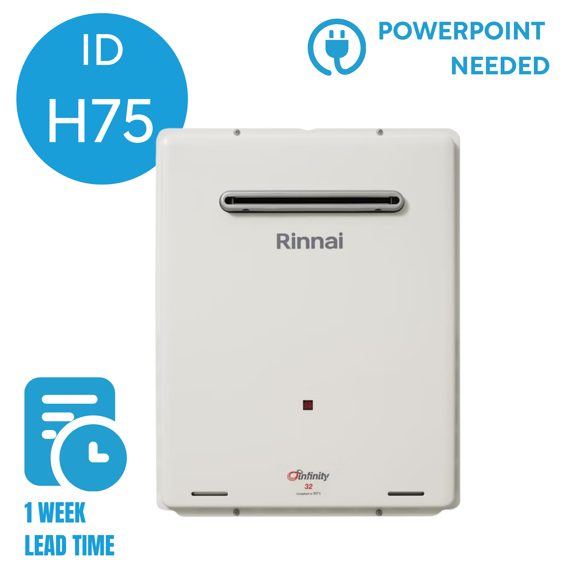 Visual guide for heating system maintenance by week. Week 1 focuses on lead time, and the image shows a Rinnai infinity tankless water heater with marketing text indicating the steps for a one-week lead time.
