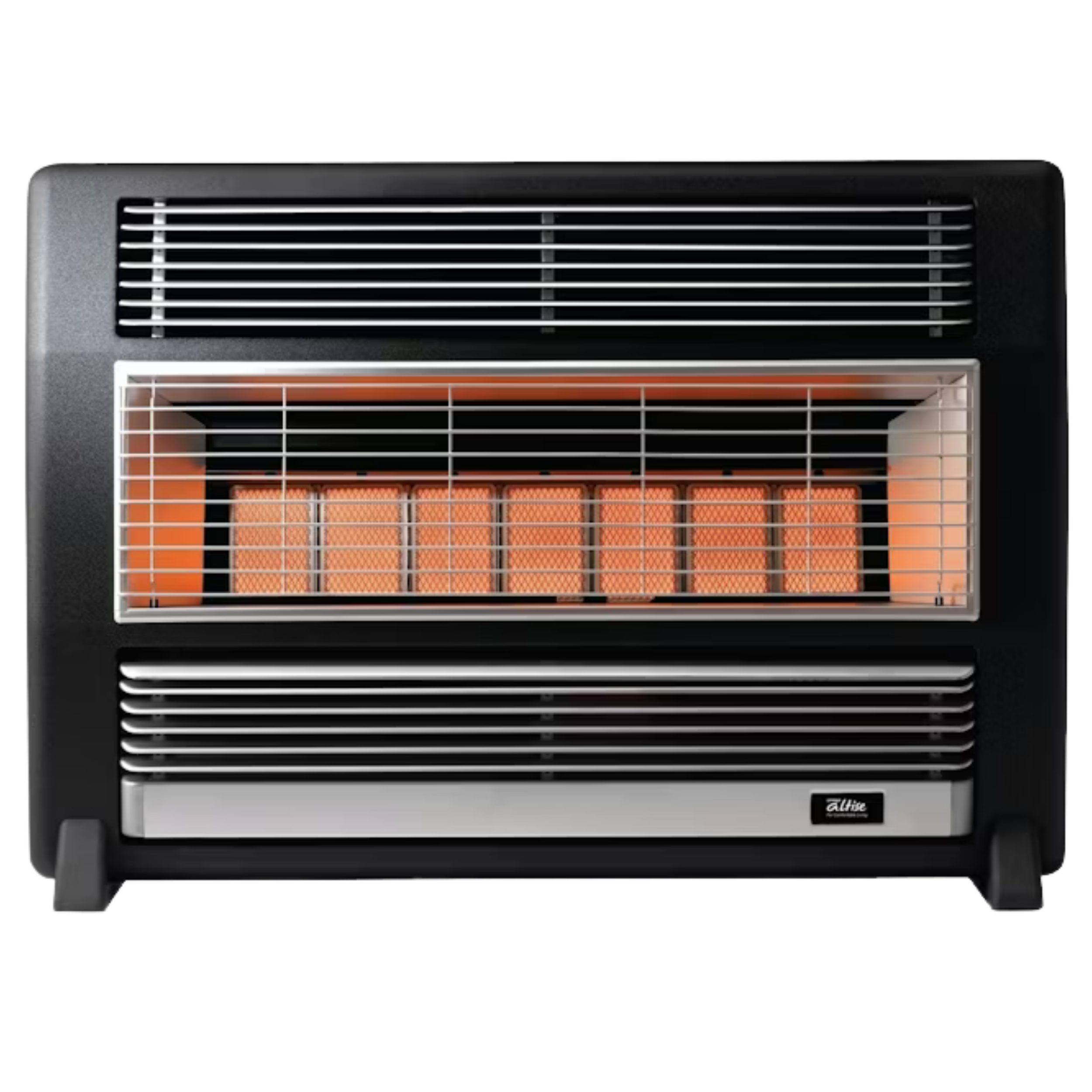 A wall-mounted electric heater with black frame, horizontal vents at the top, and a control panel at the bottom right corner.