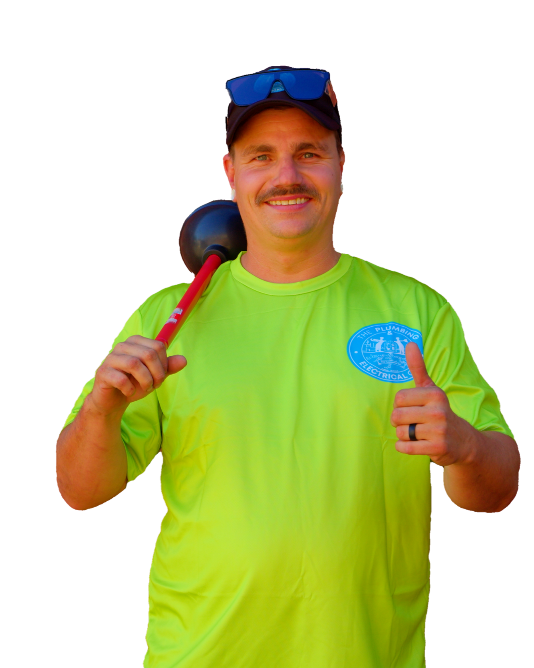 A smiling man dressed in high-visibility yellow work shirt holding a plunger over his shoulder and giving a thumbs up.