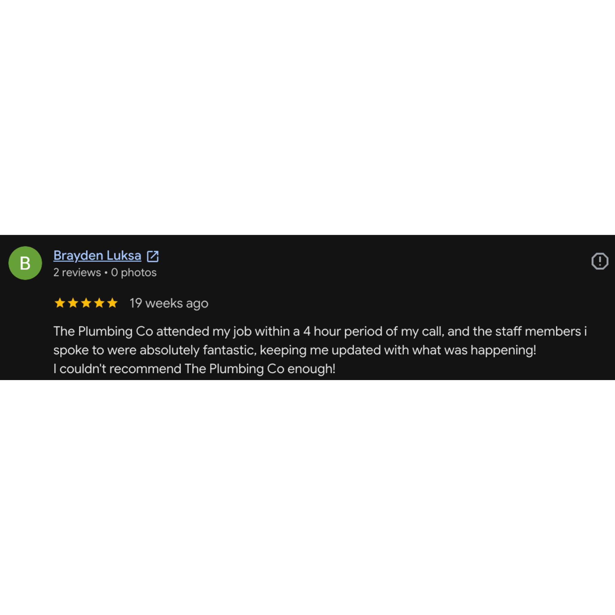 Screenshot of a Google search result page showing a review for Brayden Luksa with four stars, two reviews, and no photos. The review mentions a job done by The Plumbing Co within four hours and positive feedback about the staff communication.