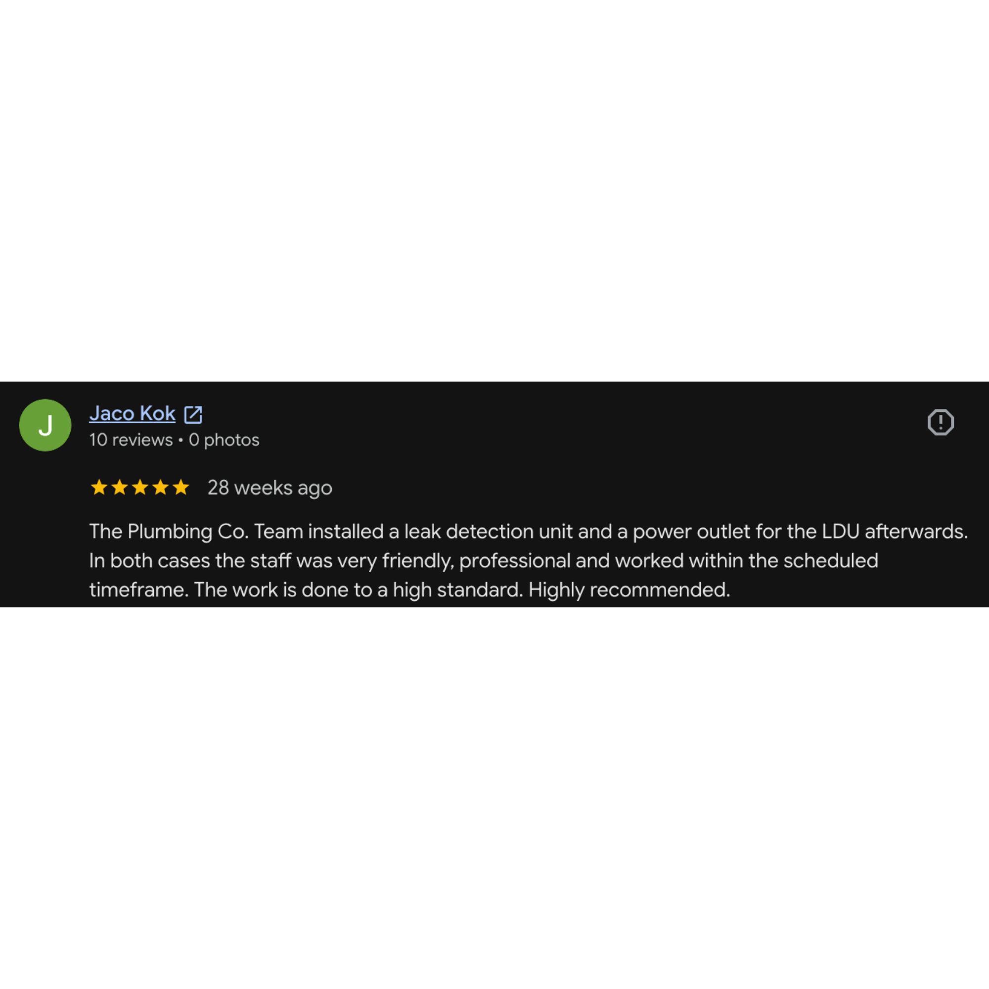 Screenshot of a Google search results page for 'Jaco Kok' showing a Google profile with 10 reviews, no photos, and a 5-star rating. The review mentions installation of a leak detection unit and a power outlet by The Plumbing Co. team.