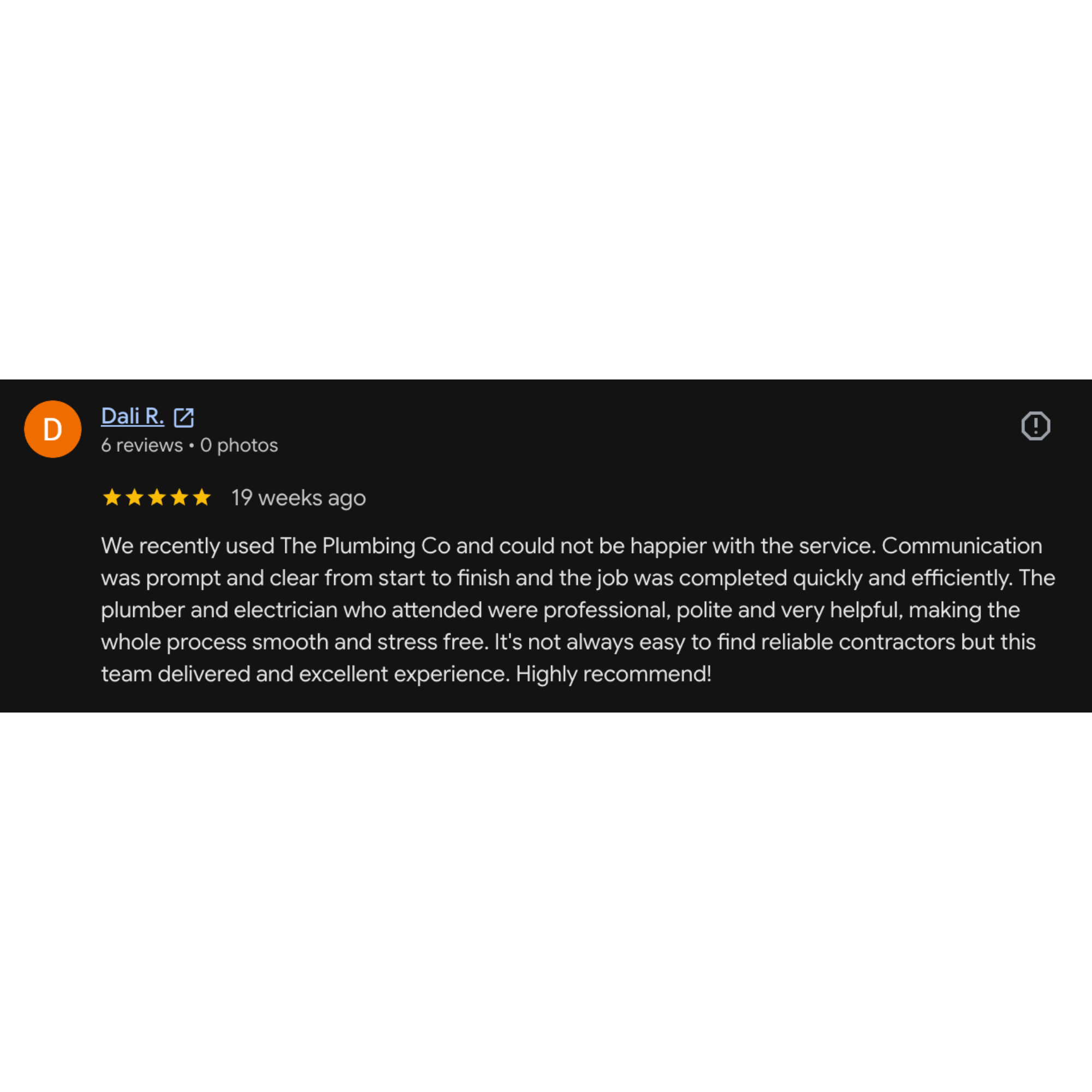 A screenshot of a Google review with five stars, written about a plumbing service, praising professionalism, promptness, and helpfulness.