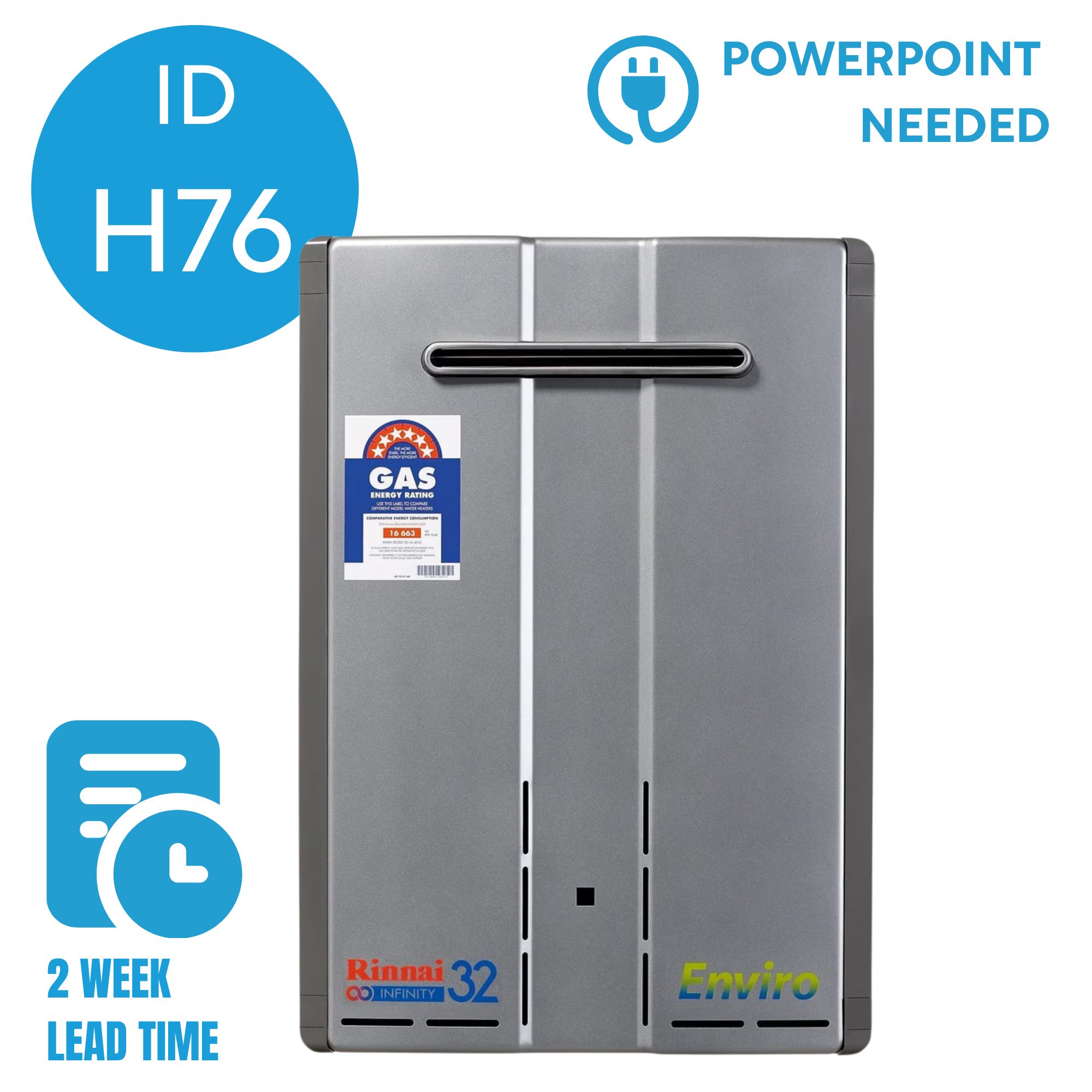 A diagram of a gas water heater showing its different components and labels, including the energy rating, model name 'Rinnai Infinity 32', and branding 'Enviro'.