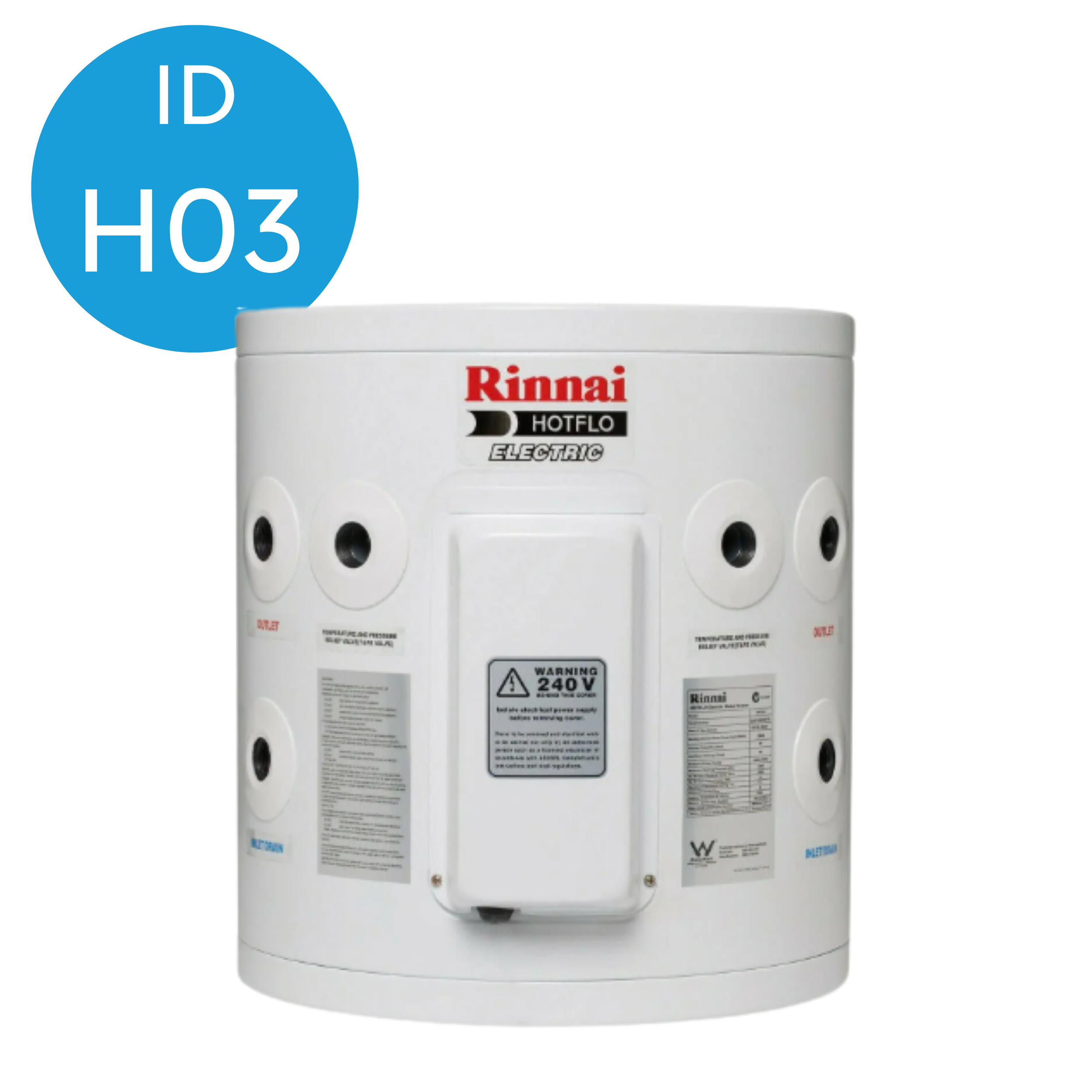 Electric water heater labeled Rinnai, with a printable warning sign, and a blue circle with white text indicating water temperature of 120°F.