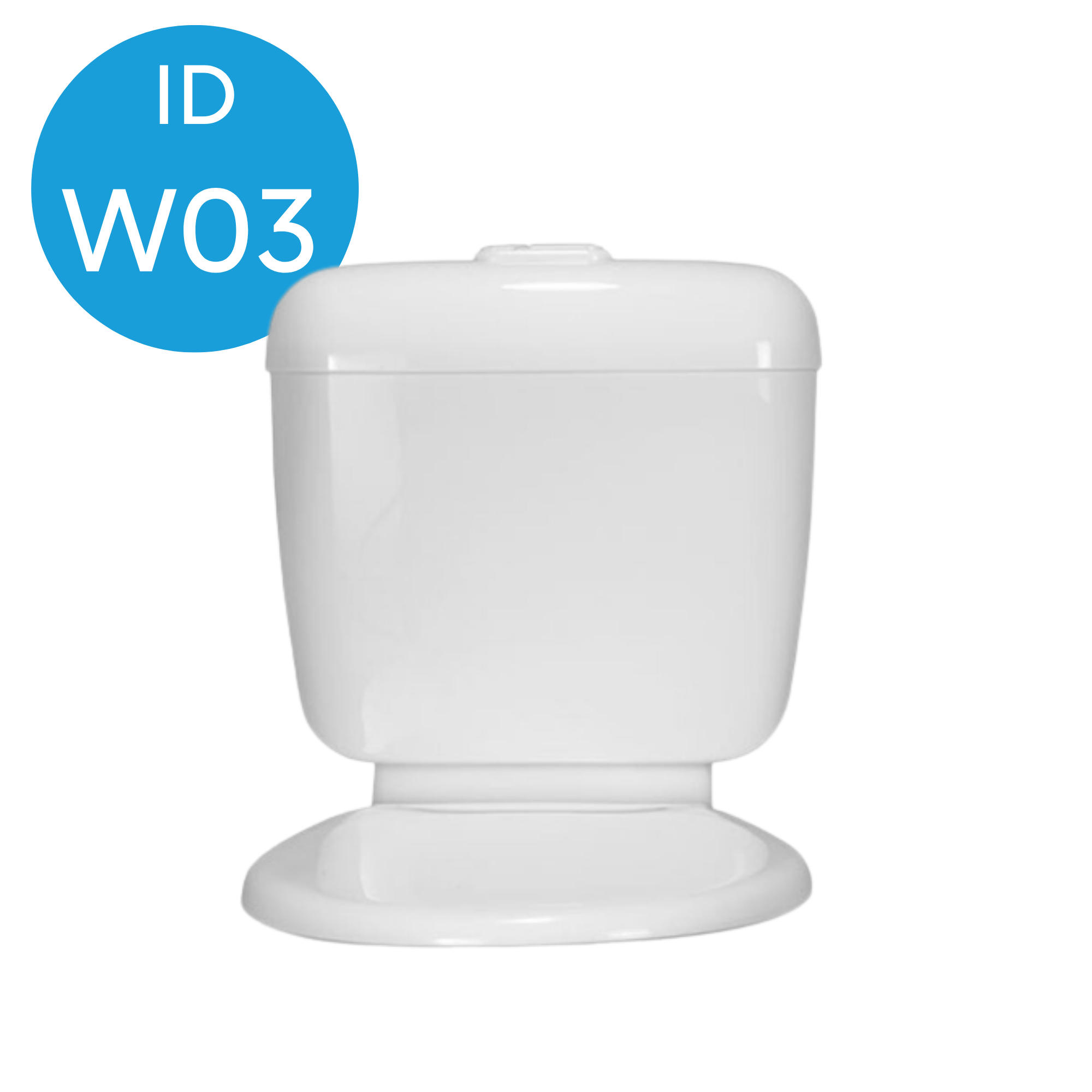 White toilet with a closed lid and a blue badge indicating W03, ID.