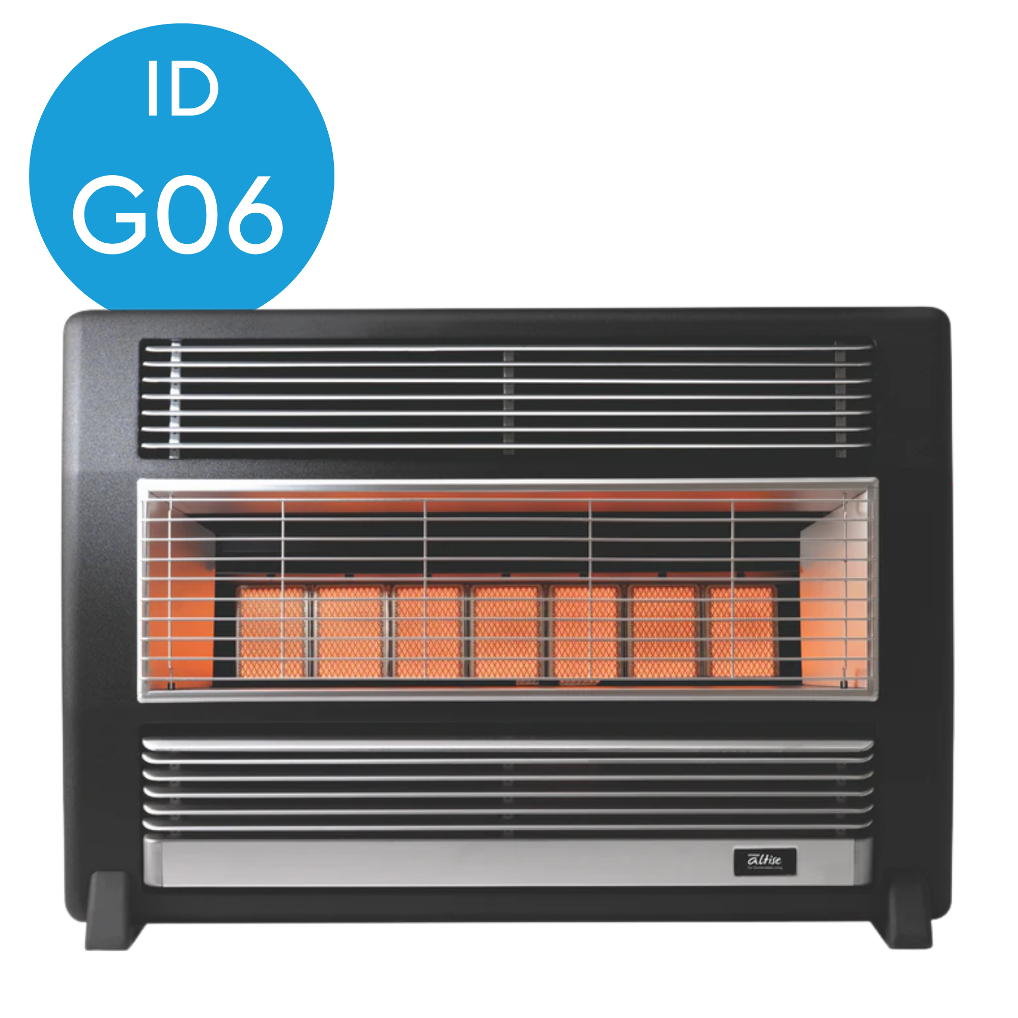 A space heater with a digital display and a metal grille, showing orange heating elements inside.
