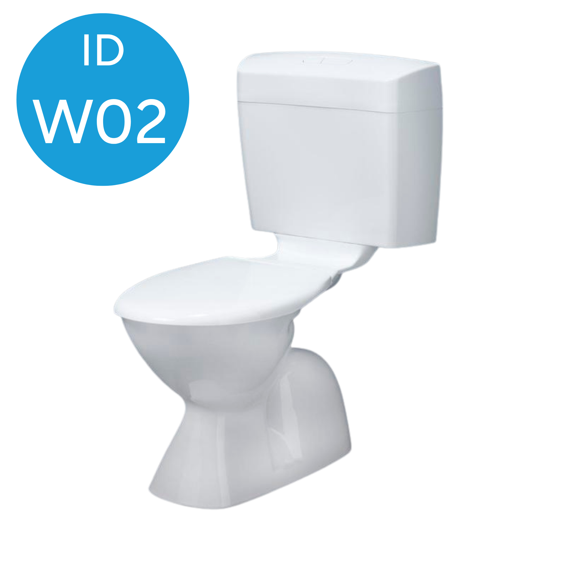 A white toilet with a tank and lid, featuring a modern design against a plain white background.