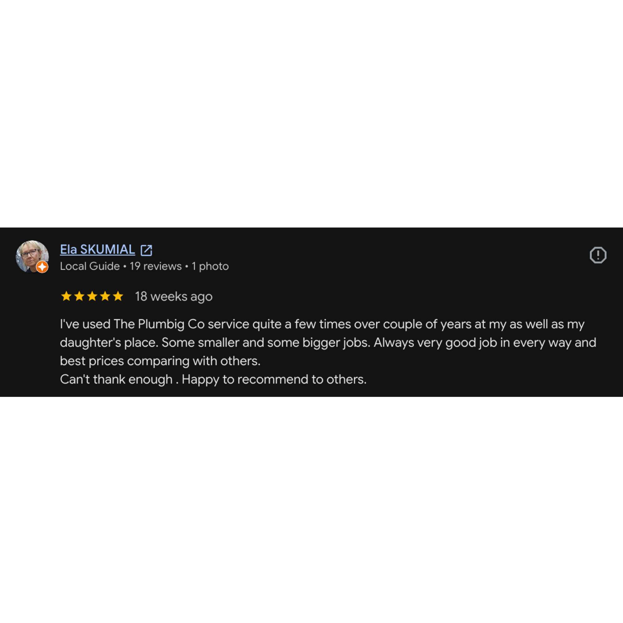 A screenshot of a Google search result page for a local plumbing service, showing one review with a five-star rating and a brief positive comment.