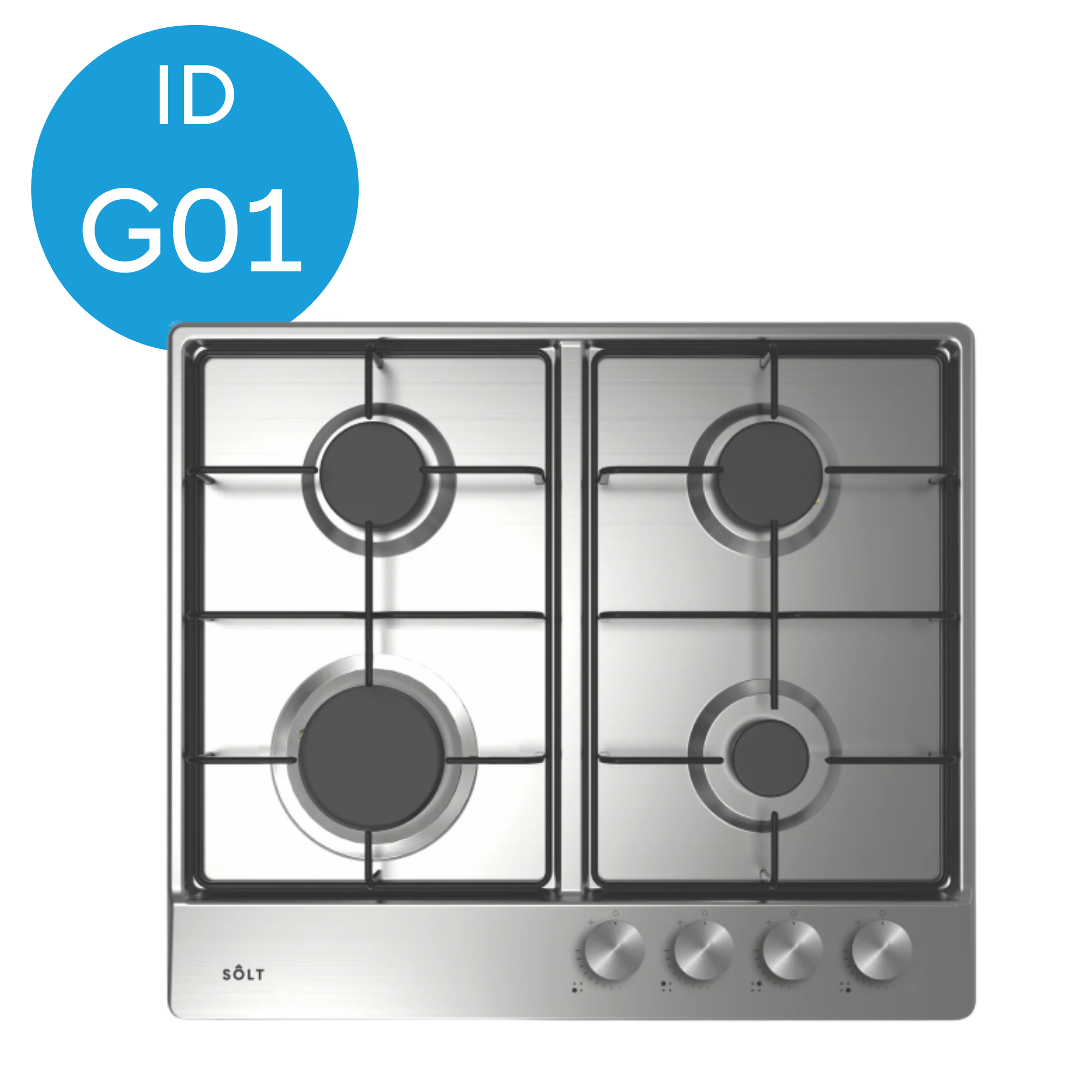 A modern stainless steel gas cooktop with four burners and control knobs.