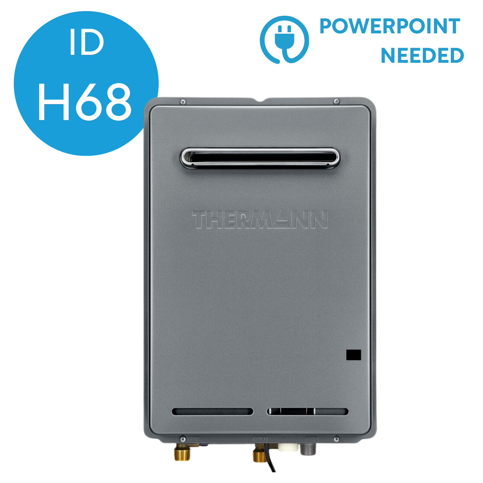 A close-up image of a Thermann heat pump with a metallic gray rectangular body, several connectors at the bottom, and a digital display at the top. The background is plain white. There are graphics indicating that a PowerPoint presentation is needed, and the model number is H68, with the designation ID.