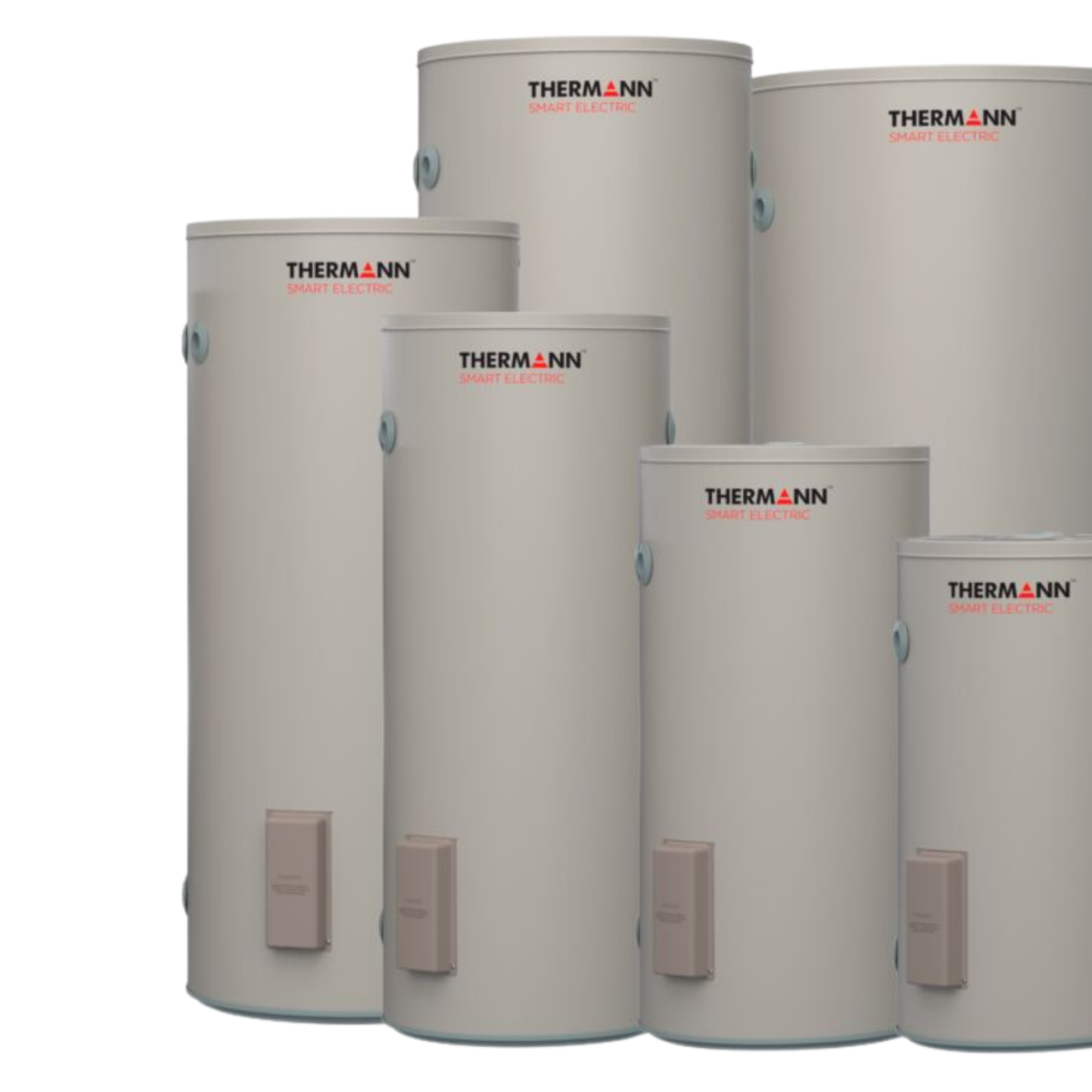 Multiple white cylindrical electrical water heater tanks labeled "THERMANN SMART ELECTRIC" in black and red text.
