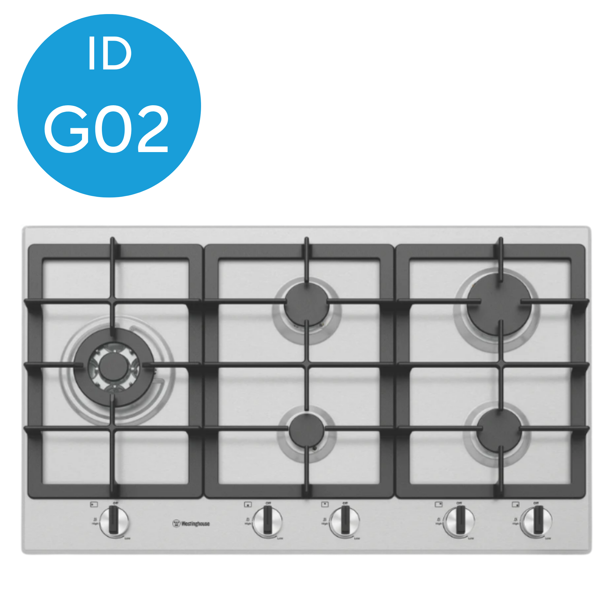 A stainless steel gas stove with four burners and control knobs at the front, with a blue circular sticker indicating the presence of an carbon dioxide (CO2) detection feature.