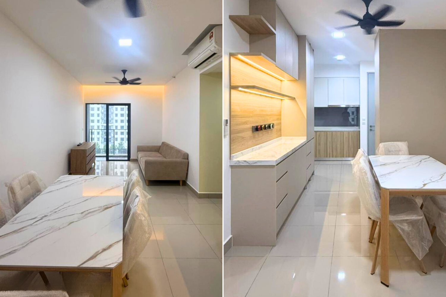 Side-by-side images of a modern apartment living and dining area, with neutral wall colors, a marble dining table, light-colored chairs, and a kitchen with white cabinets, marble countertops, and wooden accents.