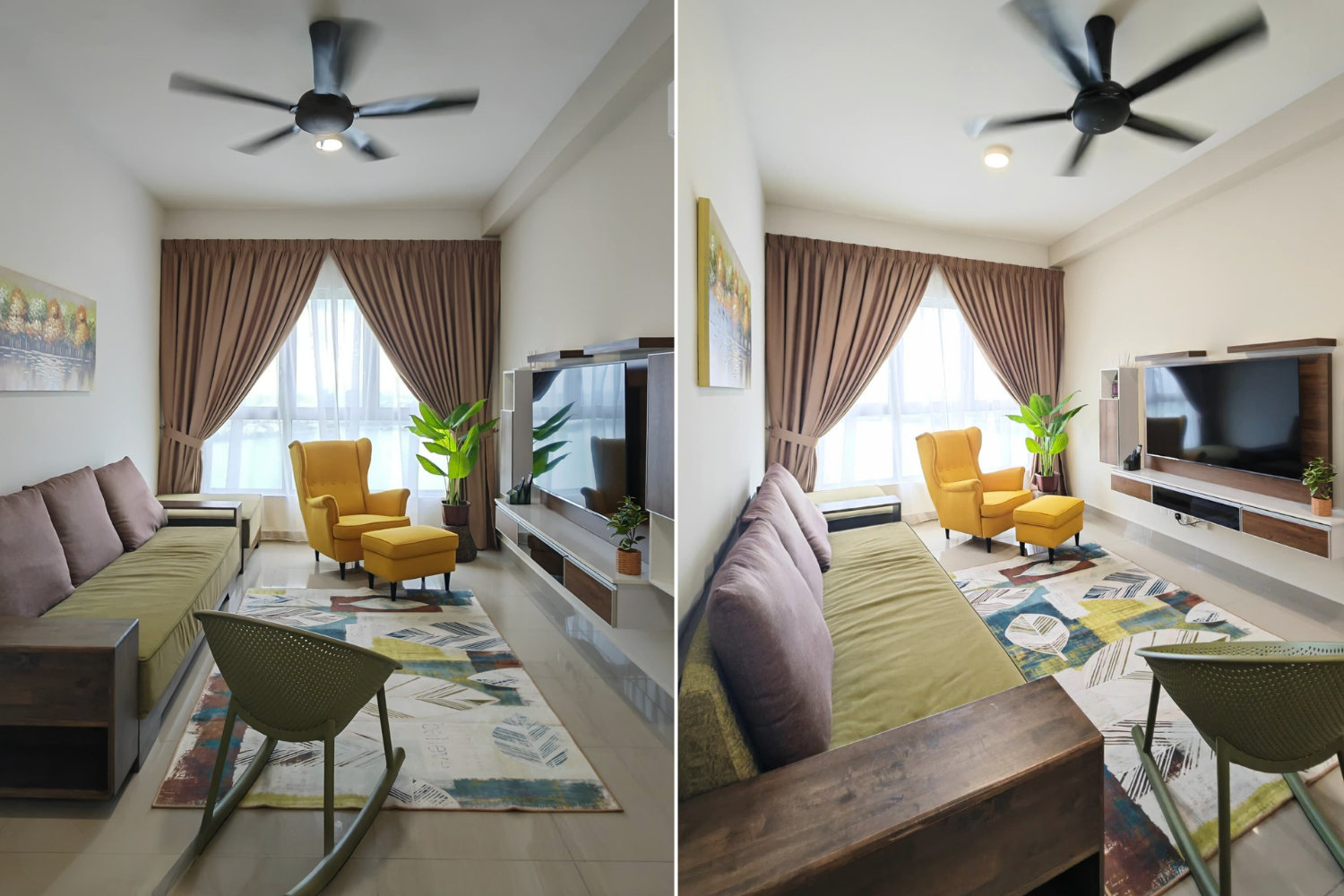 Living room with a beige sofa, yellow armchair with matching ottoman, large window with brown curtains, potted plants, wall-mounted flat-screen TV, colorful rug, and ceiling fan.