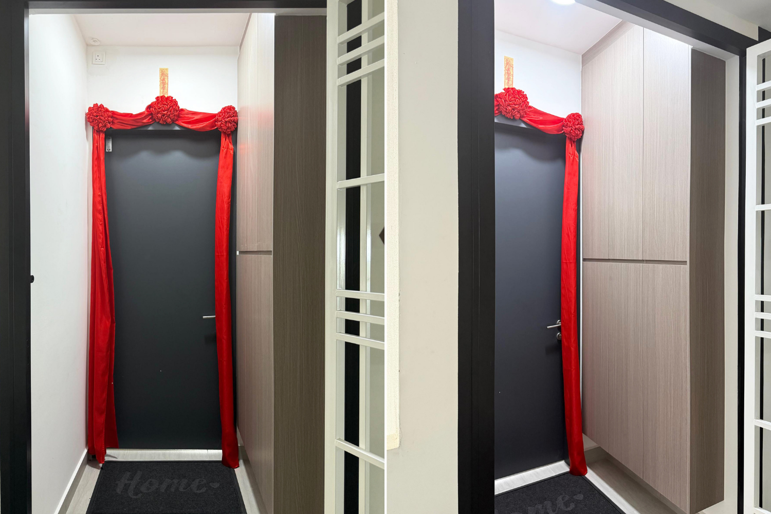 Decorated door with red drapes and floral accents in a modern entryway