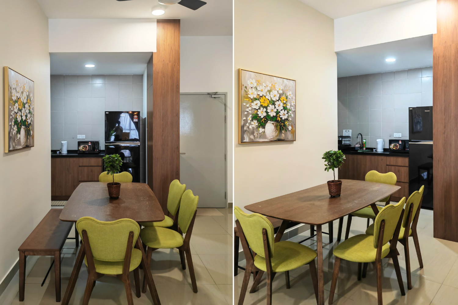 Side-by-side comparison of a dining area and kitchen in a modern apartment, with a wooden dining table, green chairs, a potted plant, flower paintings, a microwave, refrigerator, and a sink in the kitchen.