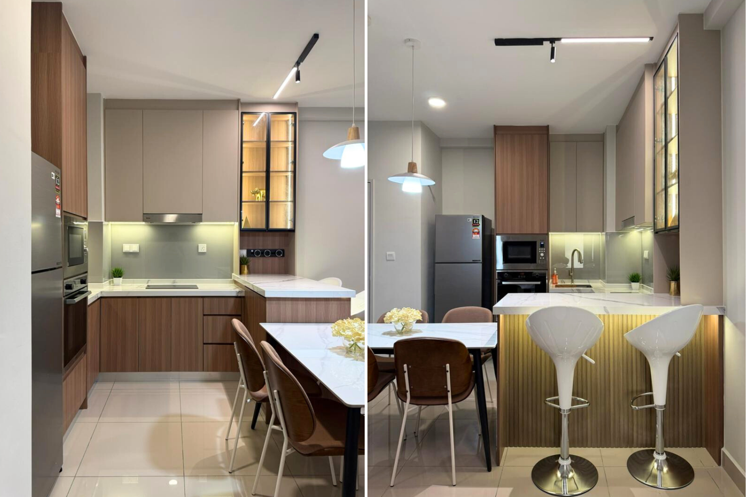 Side-by-side comparison of two modern kitchen interior images with similar layouts and fixtures. Both kitchens feature wooden cabinetry, white countertops, neutral-colored walls, built-in appliances, pendant lighting, and dining areas with seating.