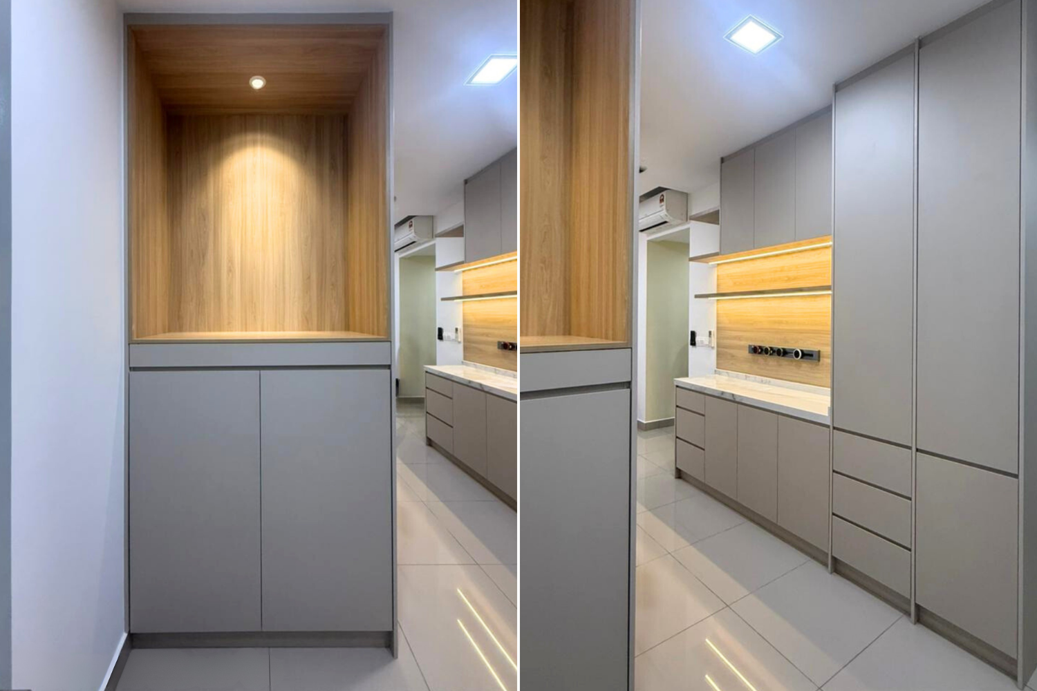 Modern kitchen with beige cabinets, a white countertop, and a wooden accent wall with integrated lighting, viewed from a hallway.