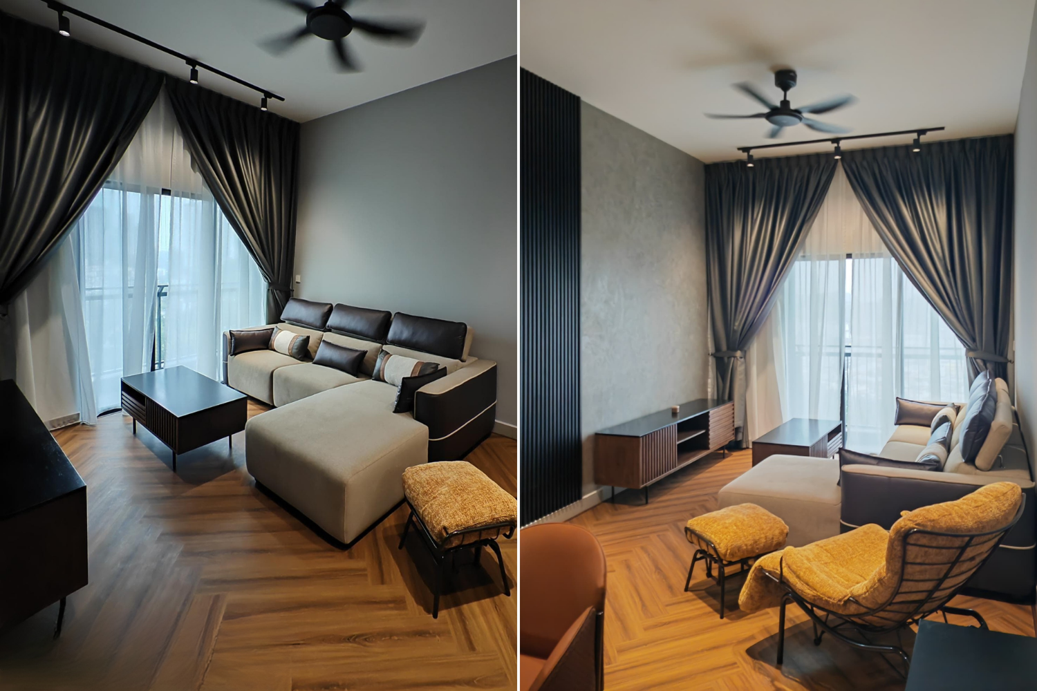 Comparison of two living room scenes with large windows, curtains, and a ceiling fan. The left side features a black and beige sectional sofa with several pillows and wooden flooring, with a small black table and a cushioned stool. The right side shows a cream sofa with pillows, a wooden console, a chair with yellow cushions, and similar flooring and curtains.