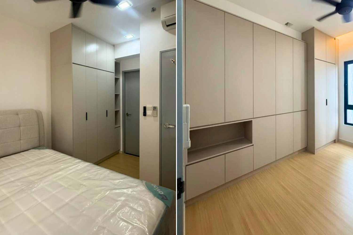 Side-by-side images of modern storage units and a bedroom interior with minimalistic design. The left shows a bedroom with a bed and a large, built-in closet with tall cabinets and open shelves. The right shows a wall of closed storage cabinets and a