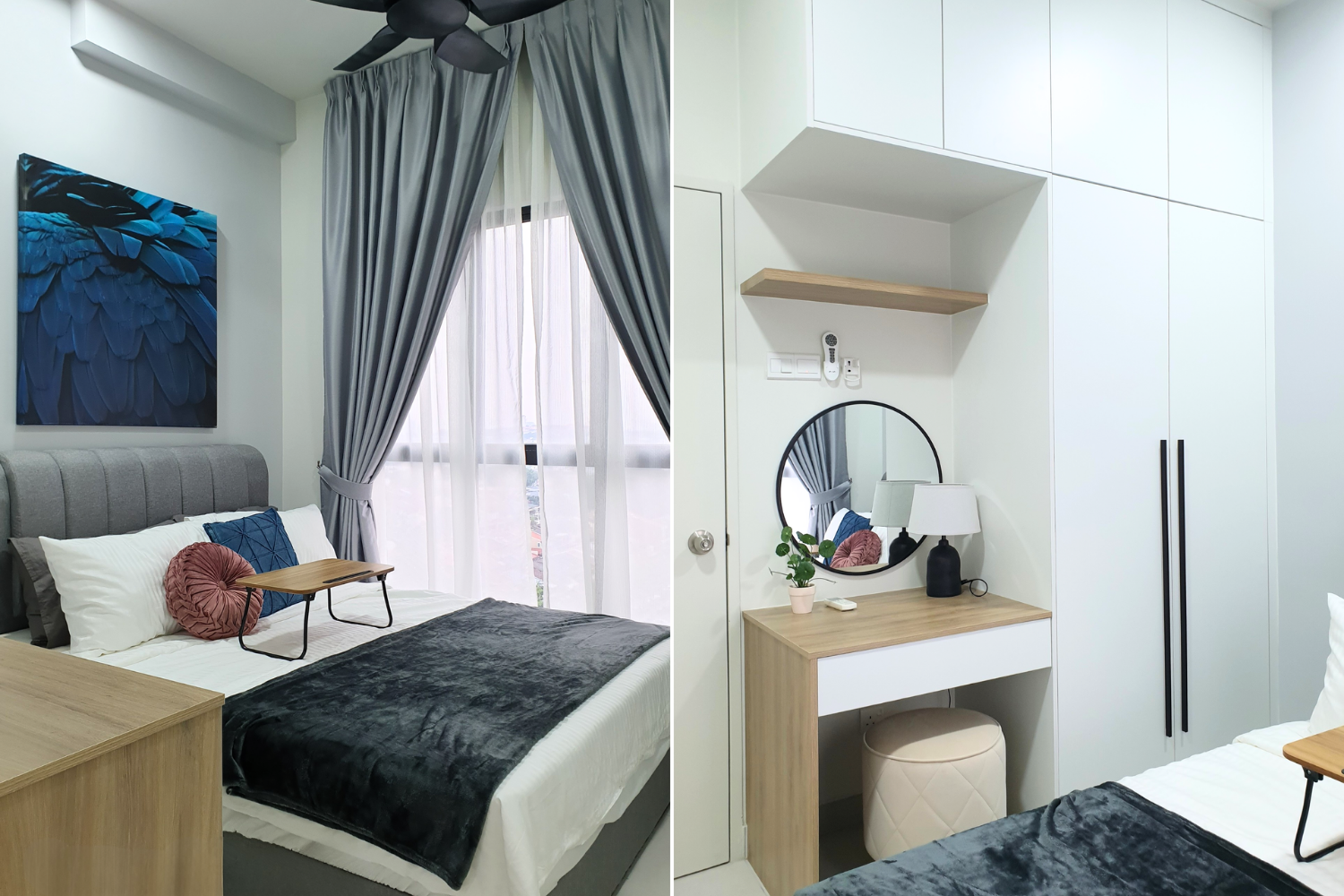 Split-screen view of a bedroom with a gray upholstered bed, dark blanket, and decorative pillows. The left side shows a large window with gray curtains and sheer white drapes. The right side features a white wardrobe, a small wooden desk with a round