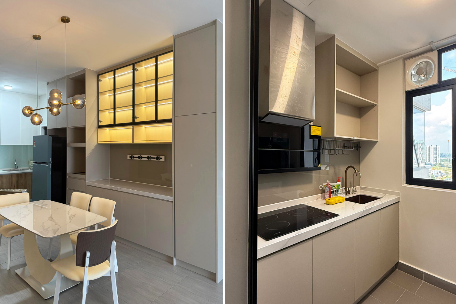 Split image showing a modern kitchen; the left side displays a dining area with a table, chairs, and hanging light fixture, while the right side shows a compact kitchen with a stove, sink, and window.