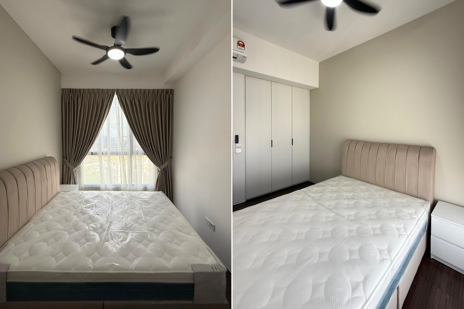 Before and after images of a bedroom showing a bed with a beige headboard and a white mattress, with the original image having brown curtains and the after image showing a closet and a white nightstand.