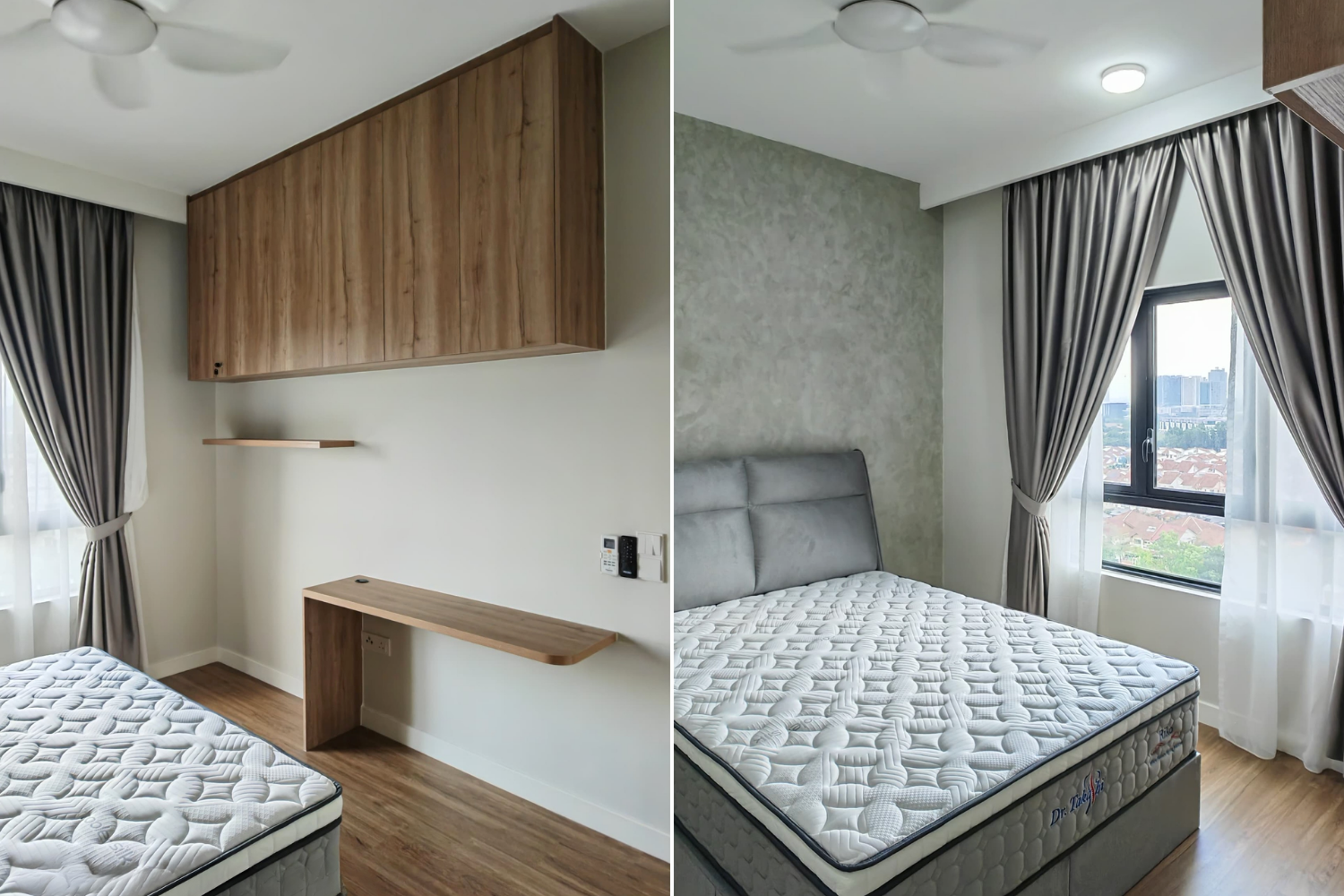 Two images of bedroom interiors. The left image shows a bedroom with a wooden cabinet, a floating desk, a window with striped curtains, and part of a bed with a white mattress. The right image shows a bedroom with a gray upholstered headboard, a wind