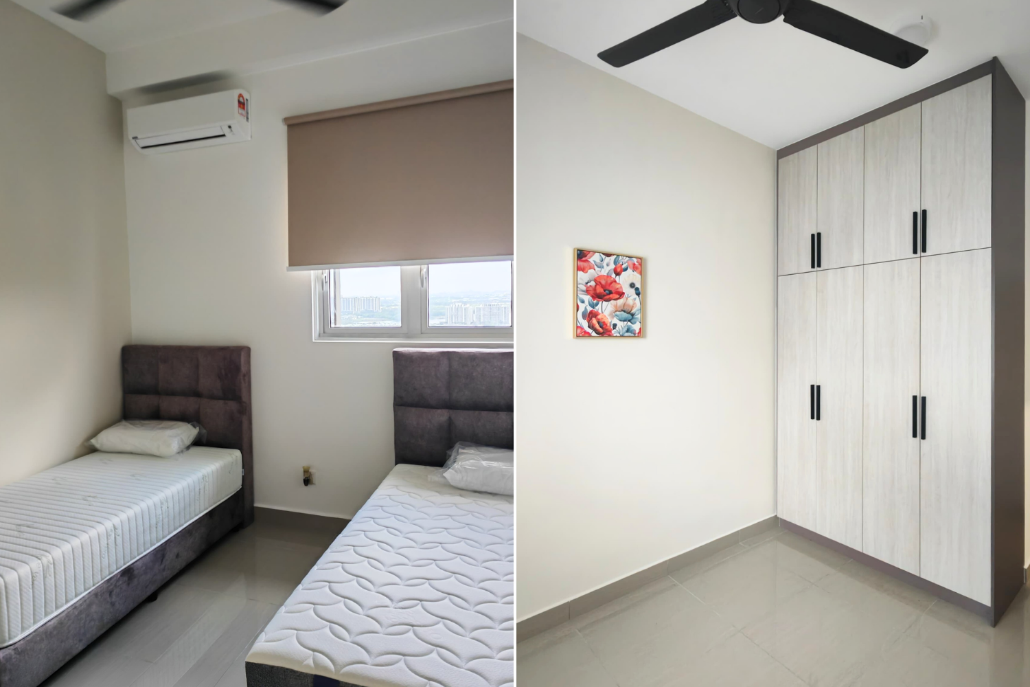 Side-by-side images of a bedroom. The left shows two single beds with upholstered headboards, a window with a beige roller blind, and a wall-mounted air conditioner. The right shows a corner with a tall white wardrobe with black handles and a small f