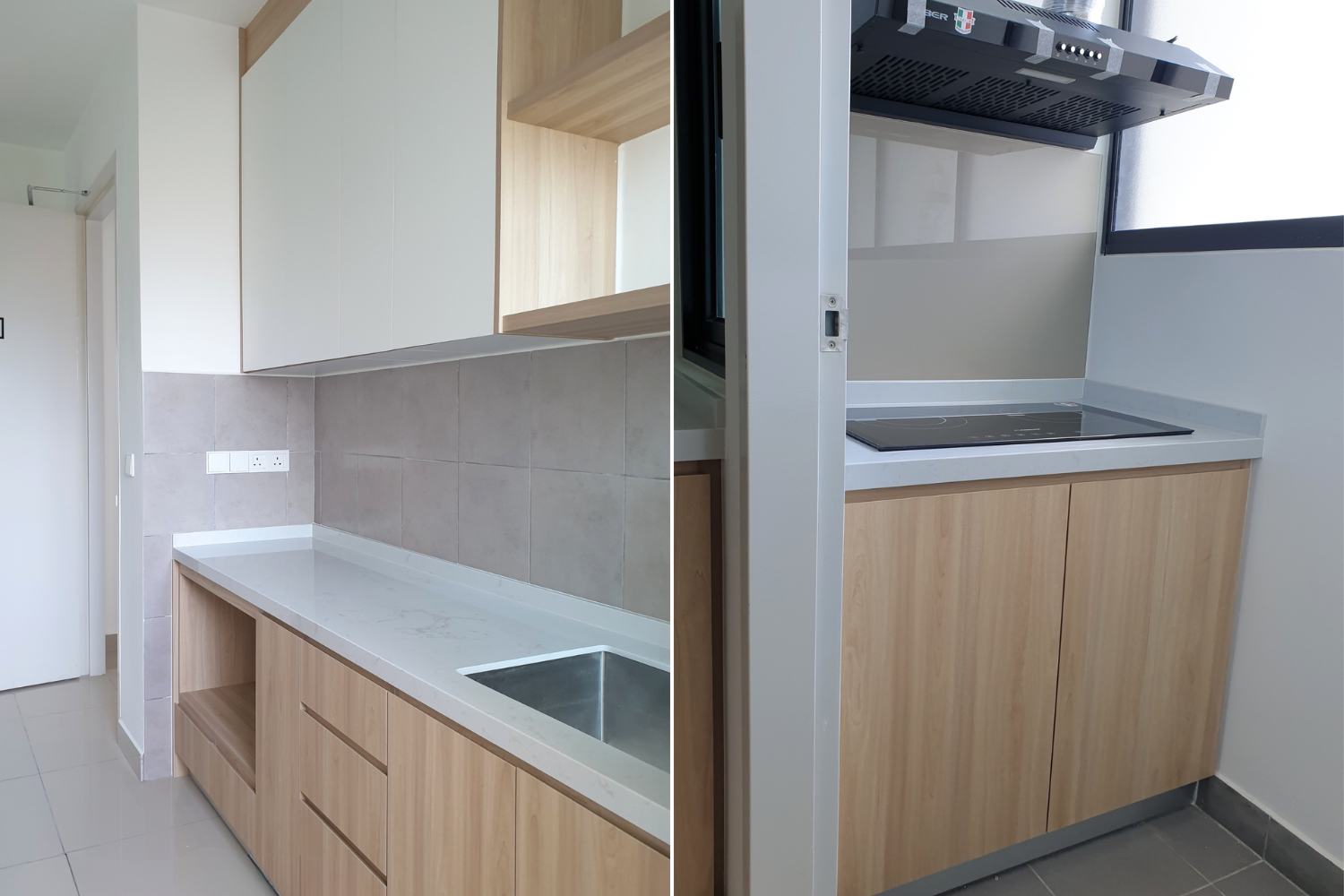 Comparison of two kitchen areas with light wood cabinets, white countertops, and neutral-colored walls. The left side shows a larger section with a sink and outlet, while the right side displays a smaller section with an electric cooktop and a window