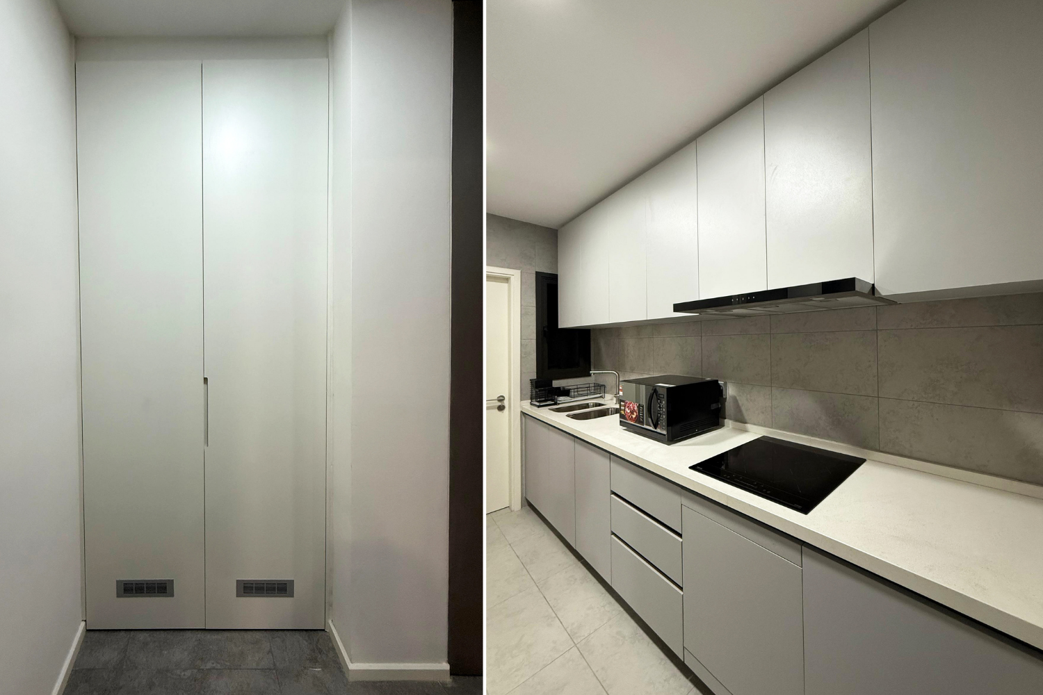 Split image showing a closet with closed white doors on the left, and a modern kitchen with white cabinets, a sink, microwave, and stovetop on the right.