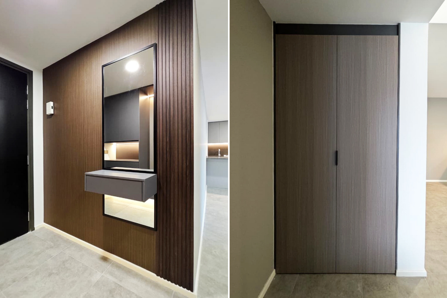 Interior view of a modern residential space showing a wall with a mirror, a floating shelf, and wood paneling in the foyer area, and a closed wooden closet door nearby.