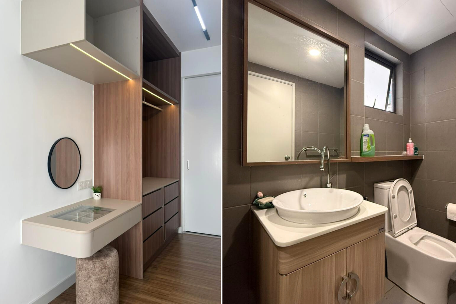 Side-by-side images of a modern, minimalist bathroom and vanity area; the left image shows a small, wall-mounted sink with a round mirror, small potted plant, and wooden cabinetry, while the right image shows a bathroom with a large mirror, sink with