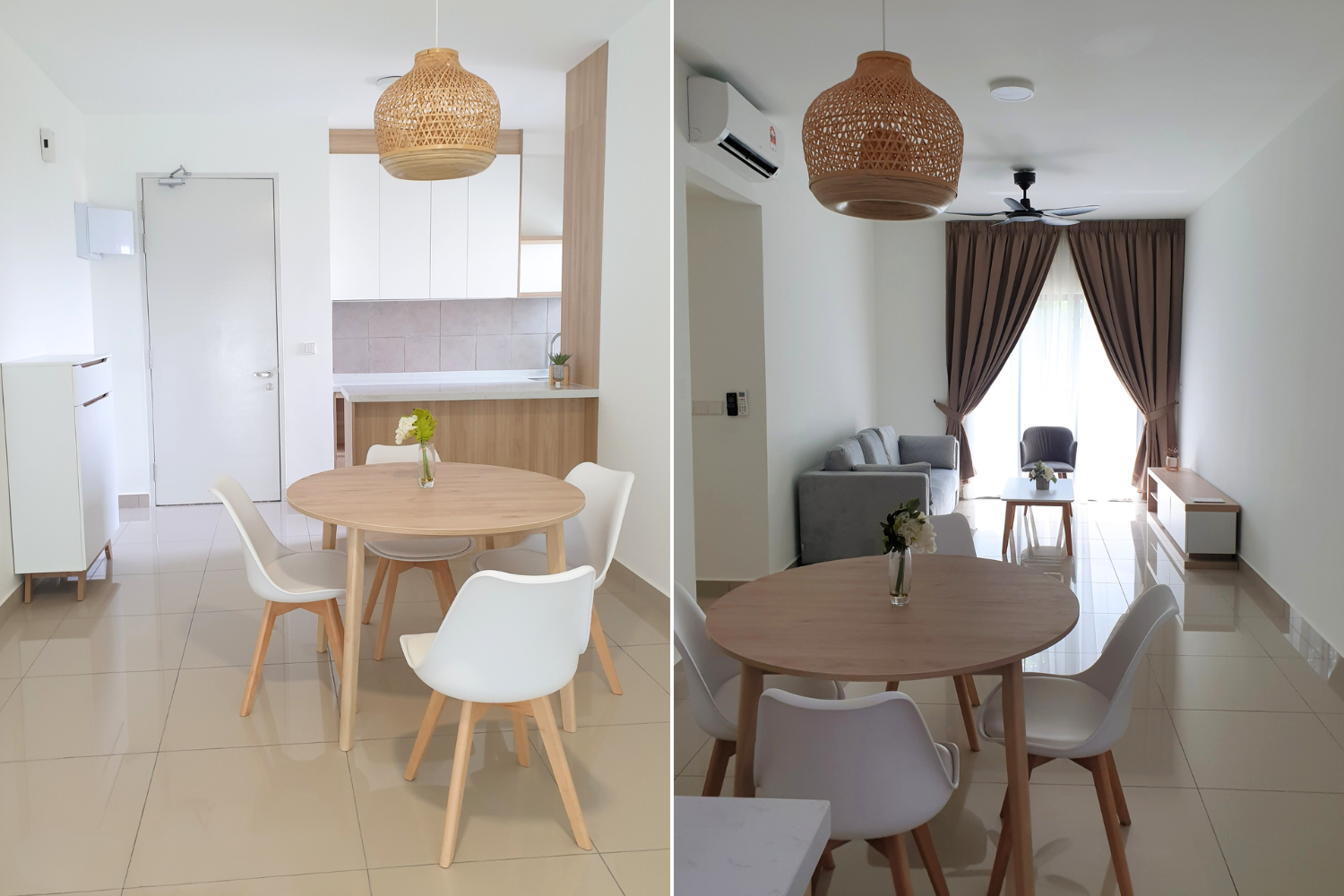 Side-by-side images of a modern minimalist living space, with a round wooden dining table, white chairs, and simple decor. The left image shows the dining area with a kitchen in the background, while the right image features the living room with a so