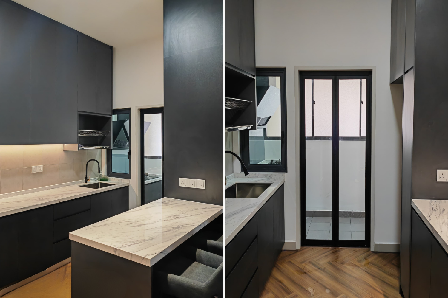 Modern kitchen with black cabinets, white marble countertops, and a sliding glass door leading to a balcony or outdoor area.